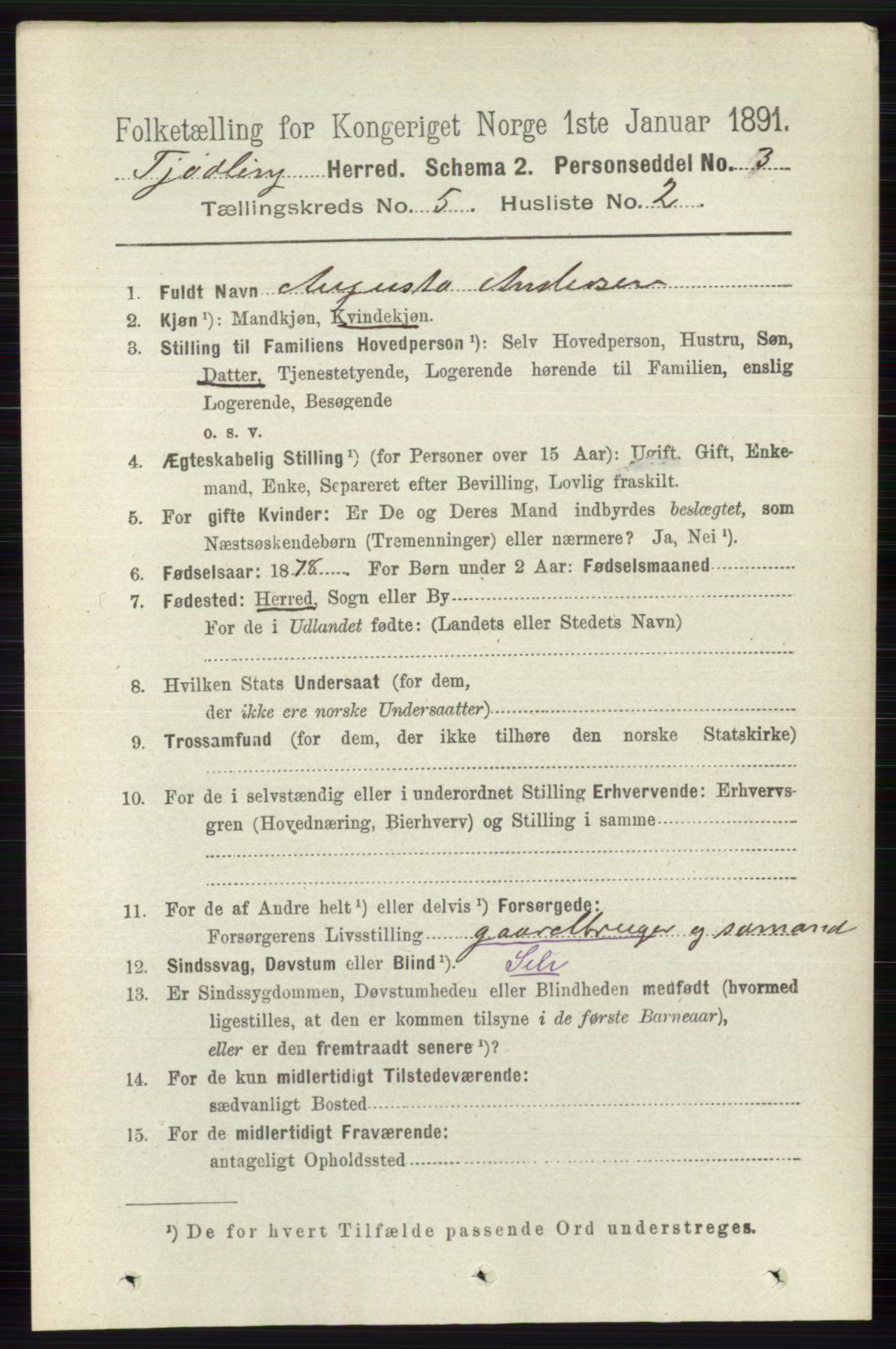 RA, 1891 census for 0725 Tjølling, 1891, p. 1979