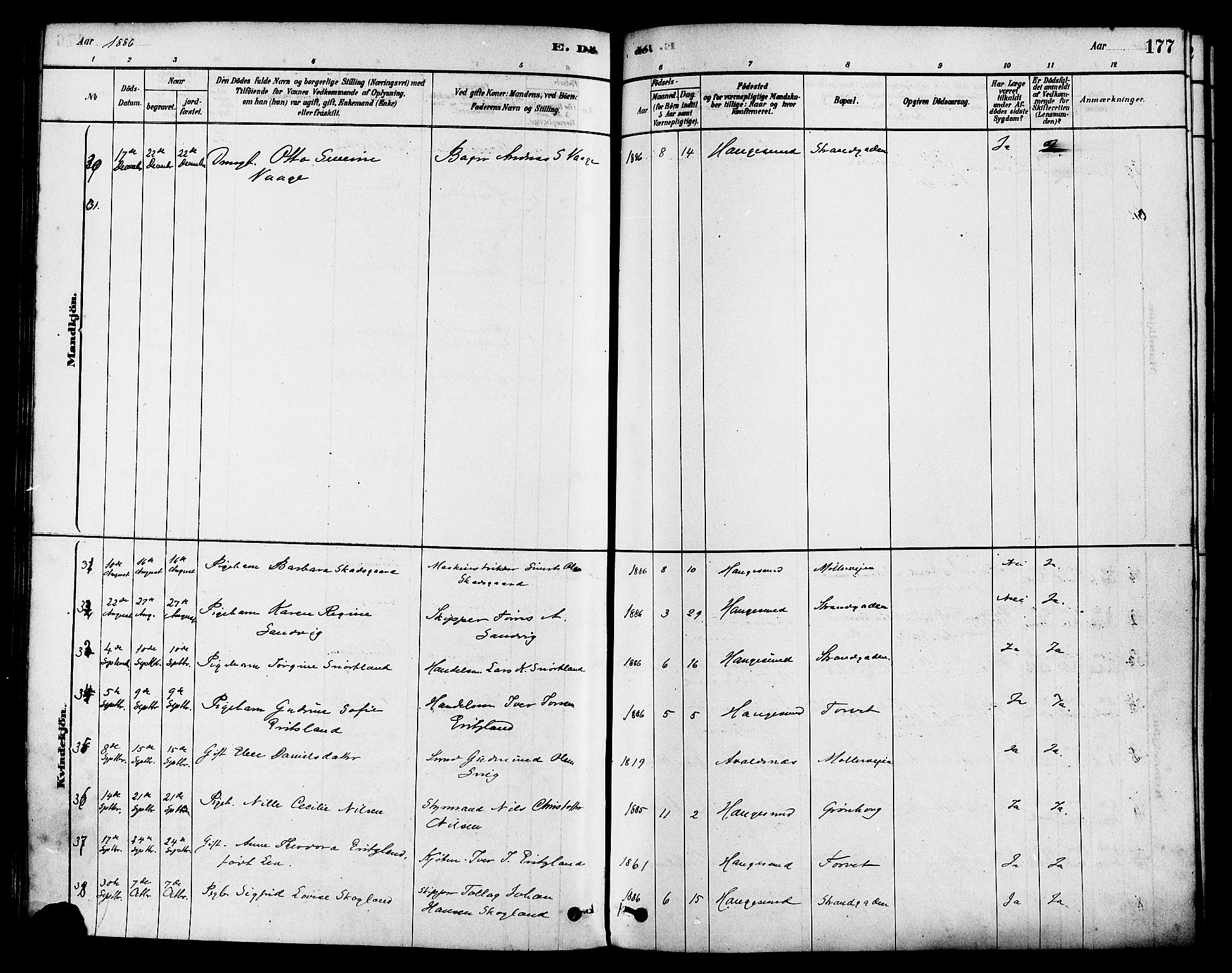 Haugesund sokneprestkontor, AV/SAST-A -101863/H/Ha/Haa/L0003: Parish register (official) no. A 3, 1885-1890, p. 177