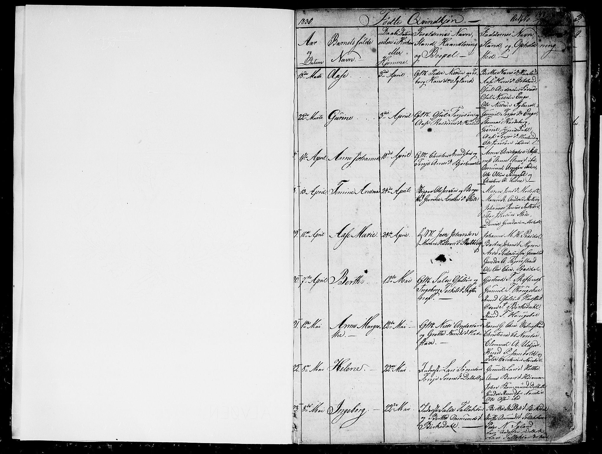 Hommedal sokneprestkontor, AV/SAK-1111-0023/F/Fb/Fbb/L0004: Parish register (copy) no. B 4, 1836-1849, p. 1