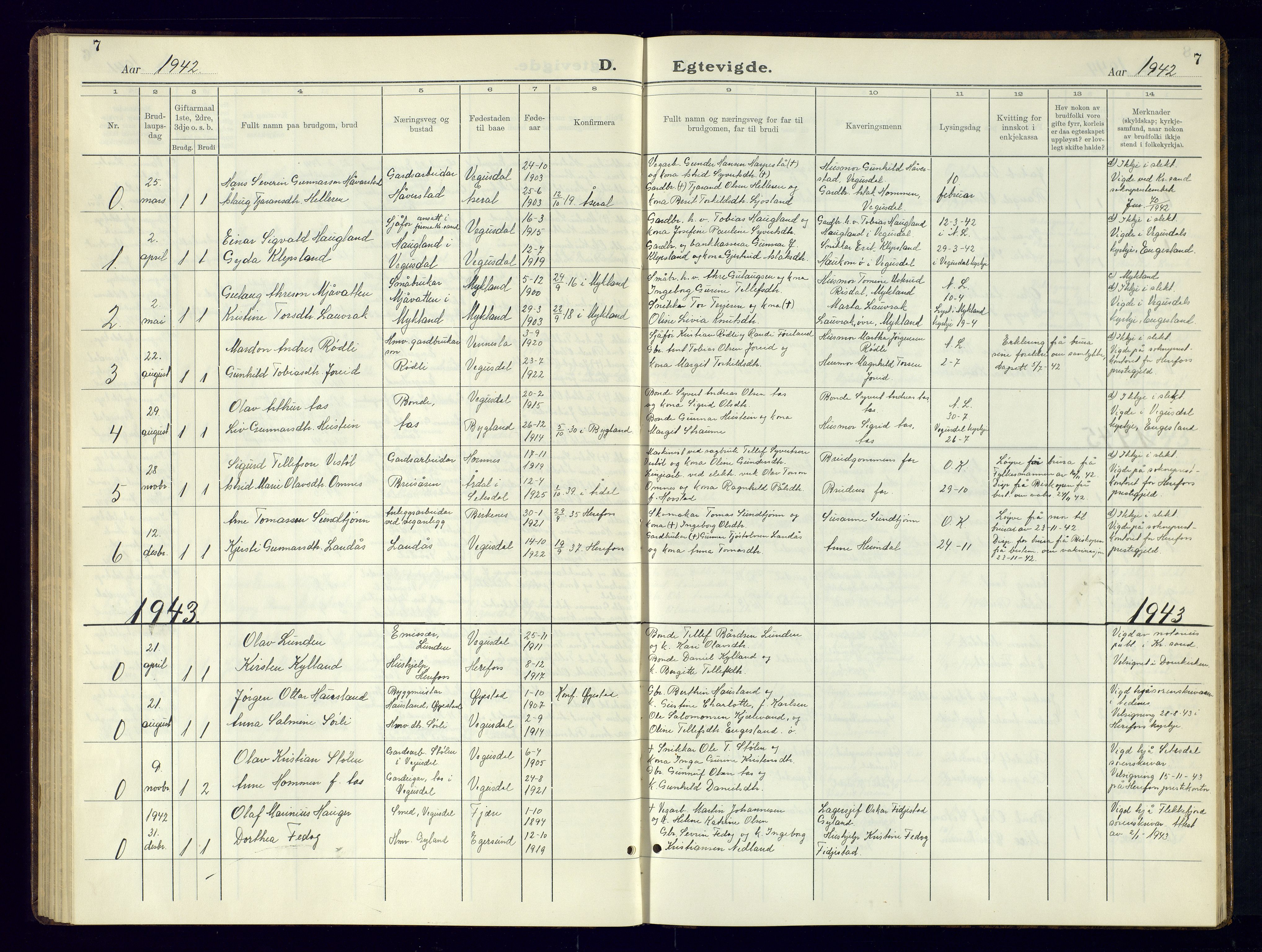 Herefoss sokneprestkontor, SAK/1111-0019/F/Fb/Fbb/L0005: Parish register (copy) no. B-5, 1933-1961, p. 7