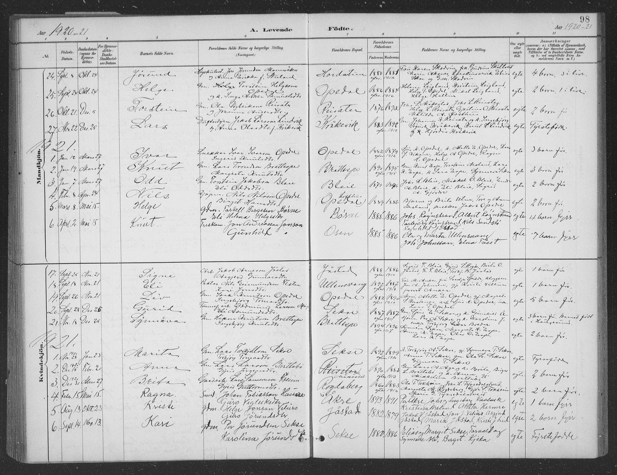 Ullensvang sokneprestembete, SAB/A-78701/H/Hab: Parish register (copy) no. B 11, 1887-1939, p. 98