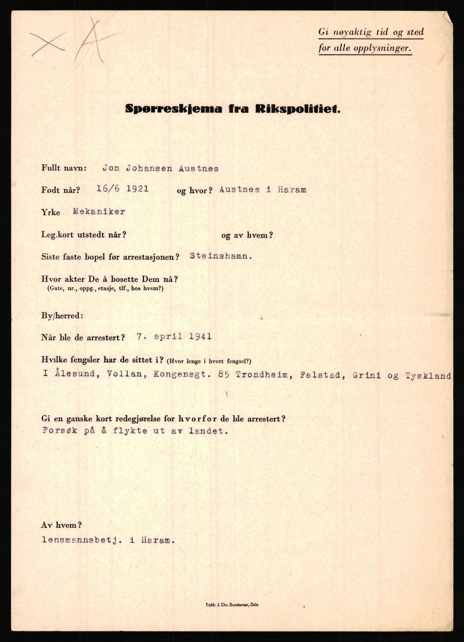 Rikspolitisjefen, AV/RA-S-1560/L/L0001: Abelseth, Rudolf - Berentsen, Odd, 1940-1945, p. 1047