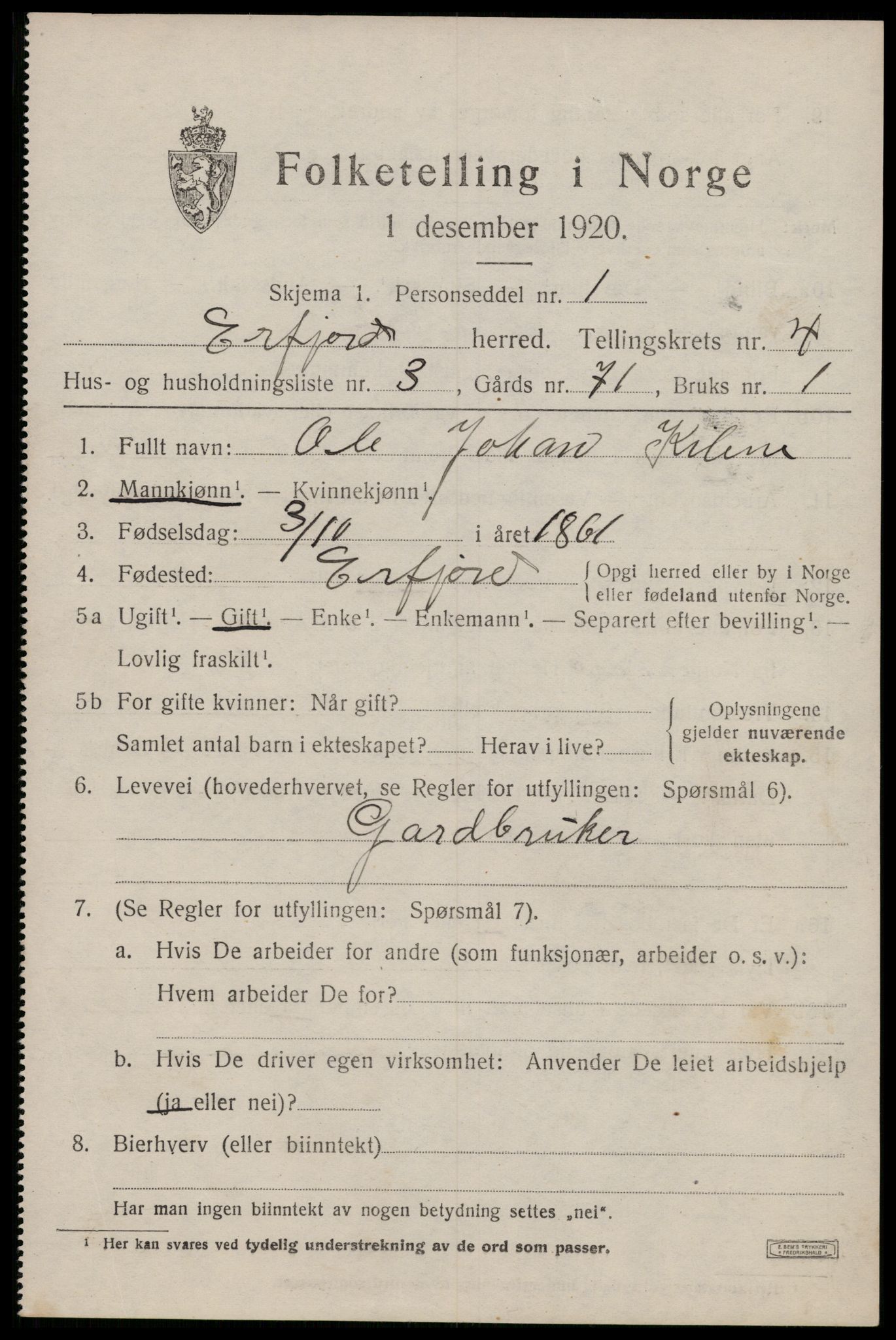 SAST, 1920 census for Erfjord, 1920, p. 1283