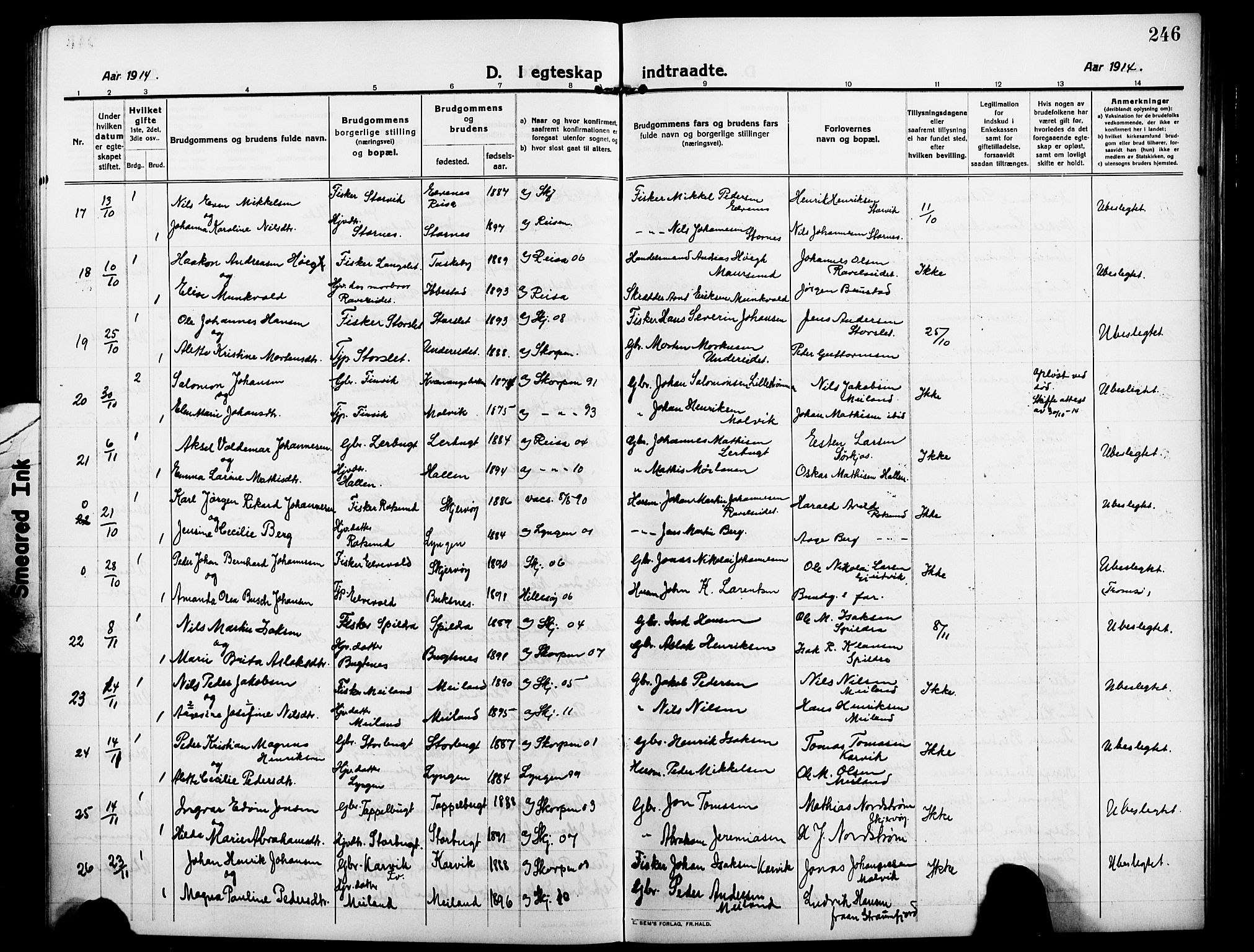 Skjervøy sokneprestkontor, AV/SATØ-S-1300/H/Ha/Hab/L0009klokker: Parish register (copy) no. 9, 1911-1926, p. 246