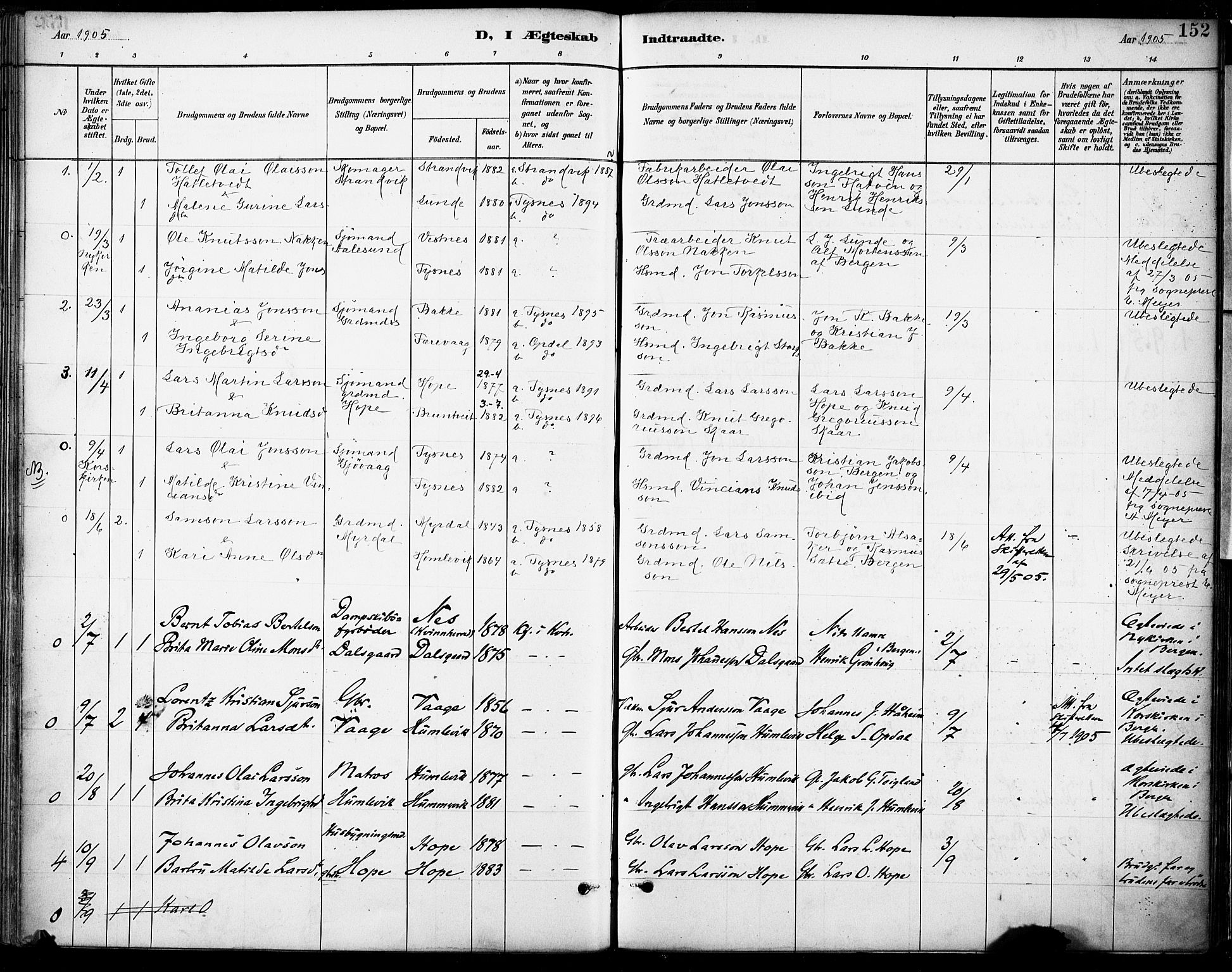 Tysnes sokneprestembete, SAB/A-78601/H/Haa: Parish register (official) no. B 1, 1887-1906, p. 152