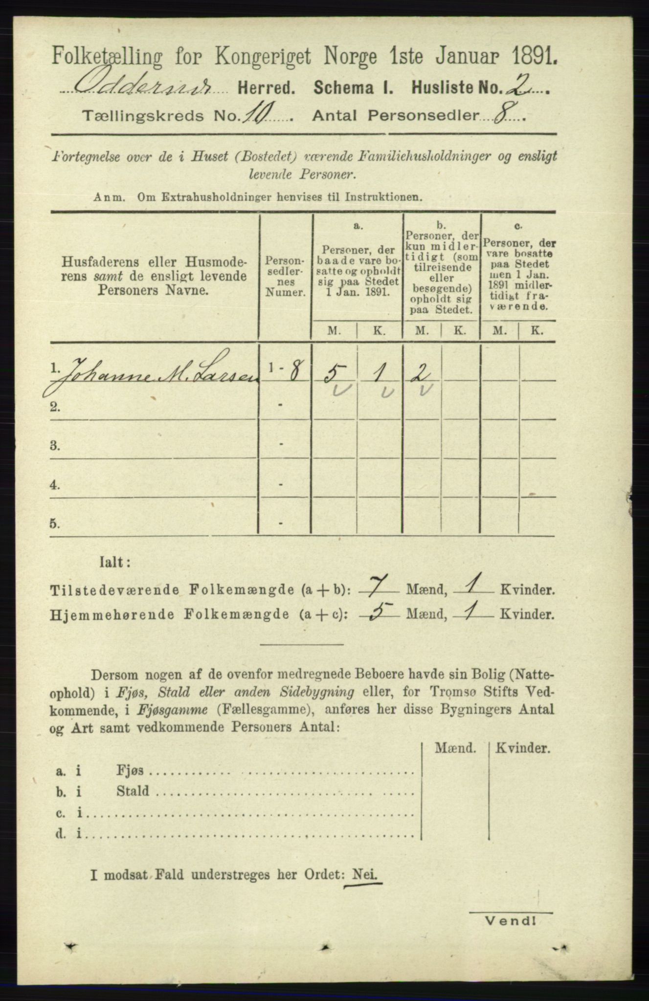 RA, 1891 census for 1012 Oddernes, 1891, p. 3800