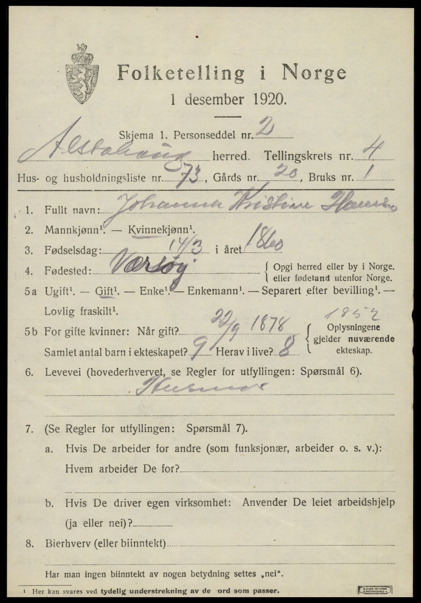 SAT, 1920 census for Alstahaug, 1920, p. 2831