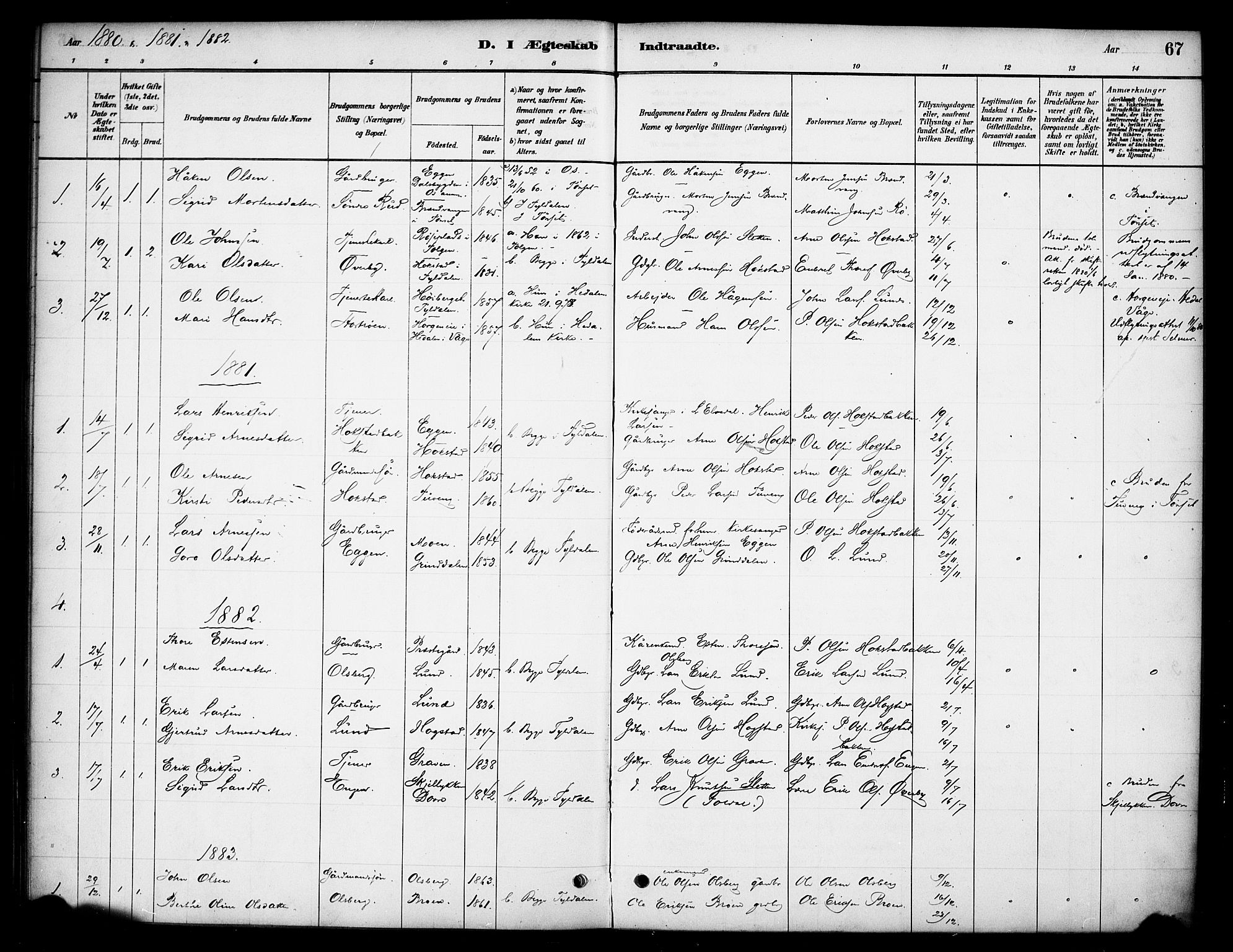 Tynset prestekontor, SAH/PREST-058/H/Ha/Haa/L0023: Parish register (official) no. 23, 1880-1901, p. 67