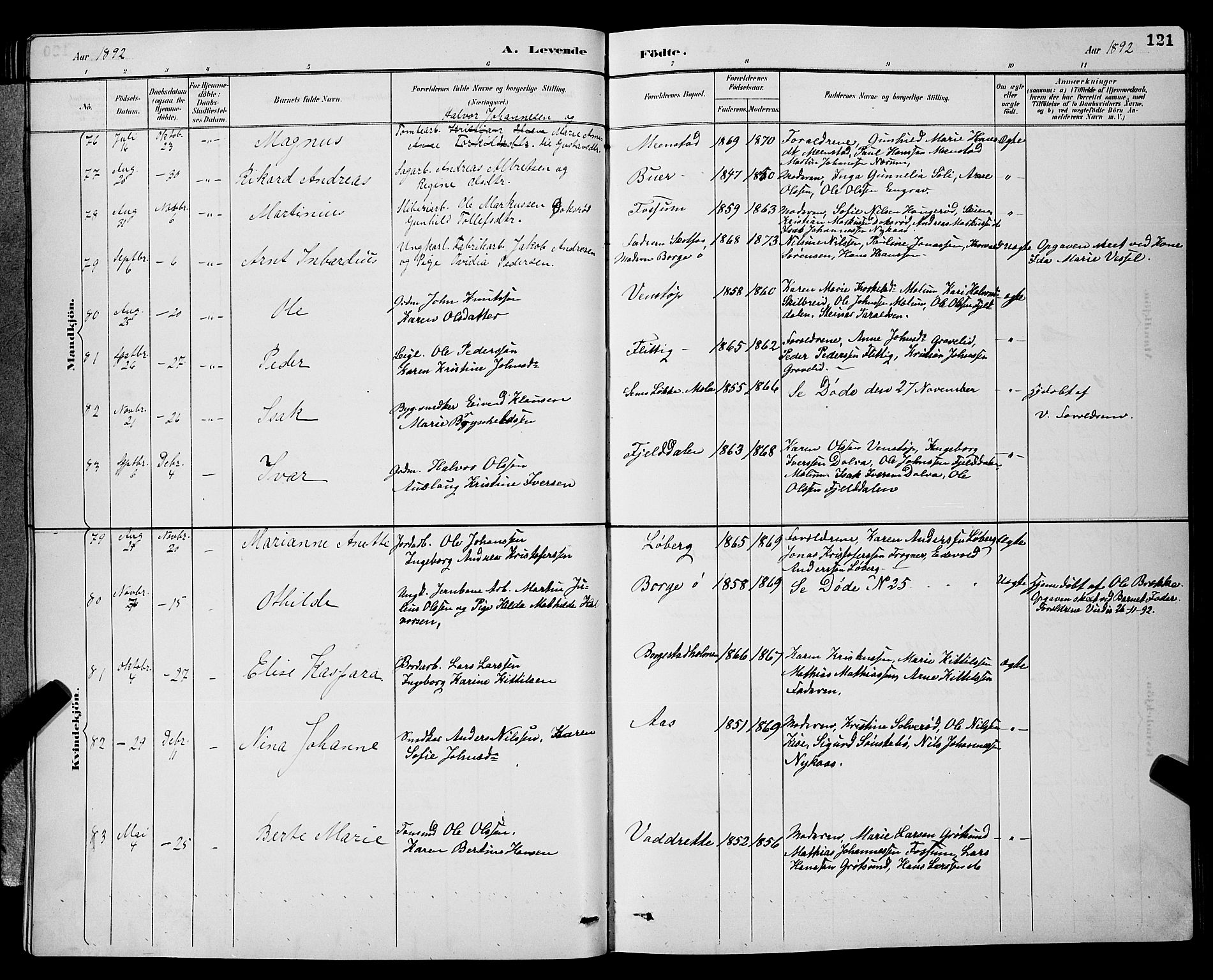 Gjerpen kirkebøker, SAKO/A-265/G/Ga/L0002: Parish register (copy) no. I 2, 1883-1900, p. 121