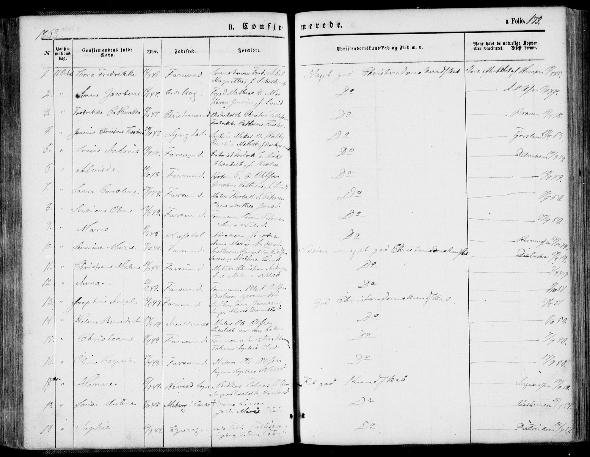 Farsund sokneprestkontor, AV/SAK-1111-0009/F/Fa/L0005: Parish register (official) no. A 5, 1863-1886, p. 173