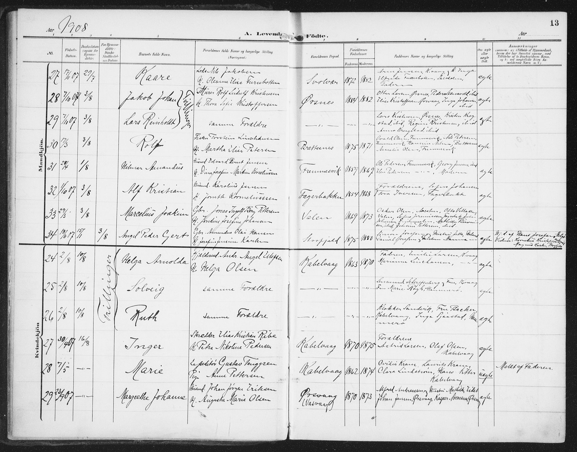 Ministerialprotokoller, klokkerbøker og fødselsregistre - Nordland, AV/SAT-A-1459/874/L1063: Parish register (official) no. 874A07, 1907-1915, p. 13