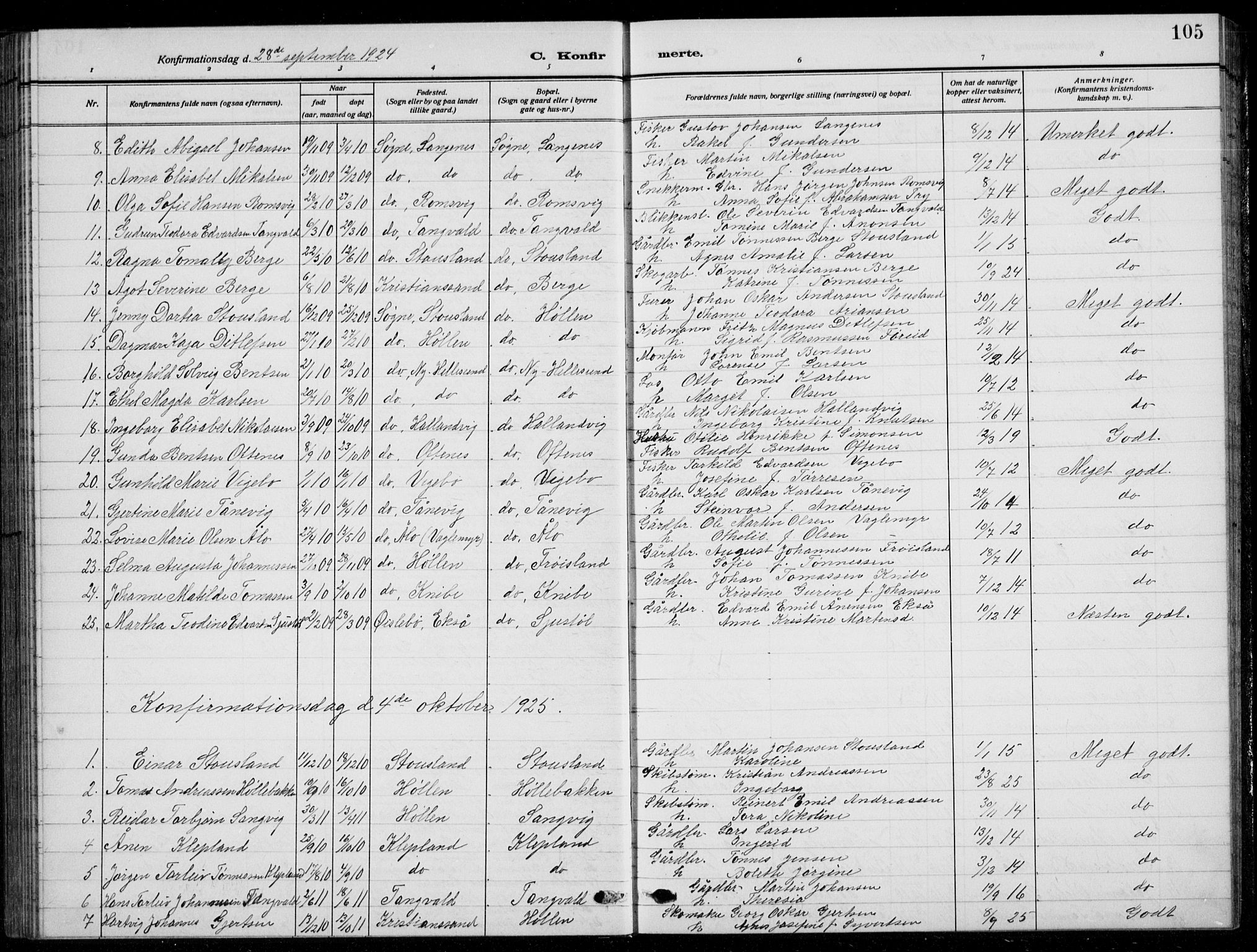 Søgne sokneprestkontor, SAK/1111-0037/F/Fb/Fbb/L0007: Parish register (copy) no. B 7, 1912-1931, p. 105
