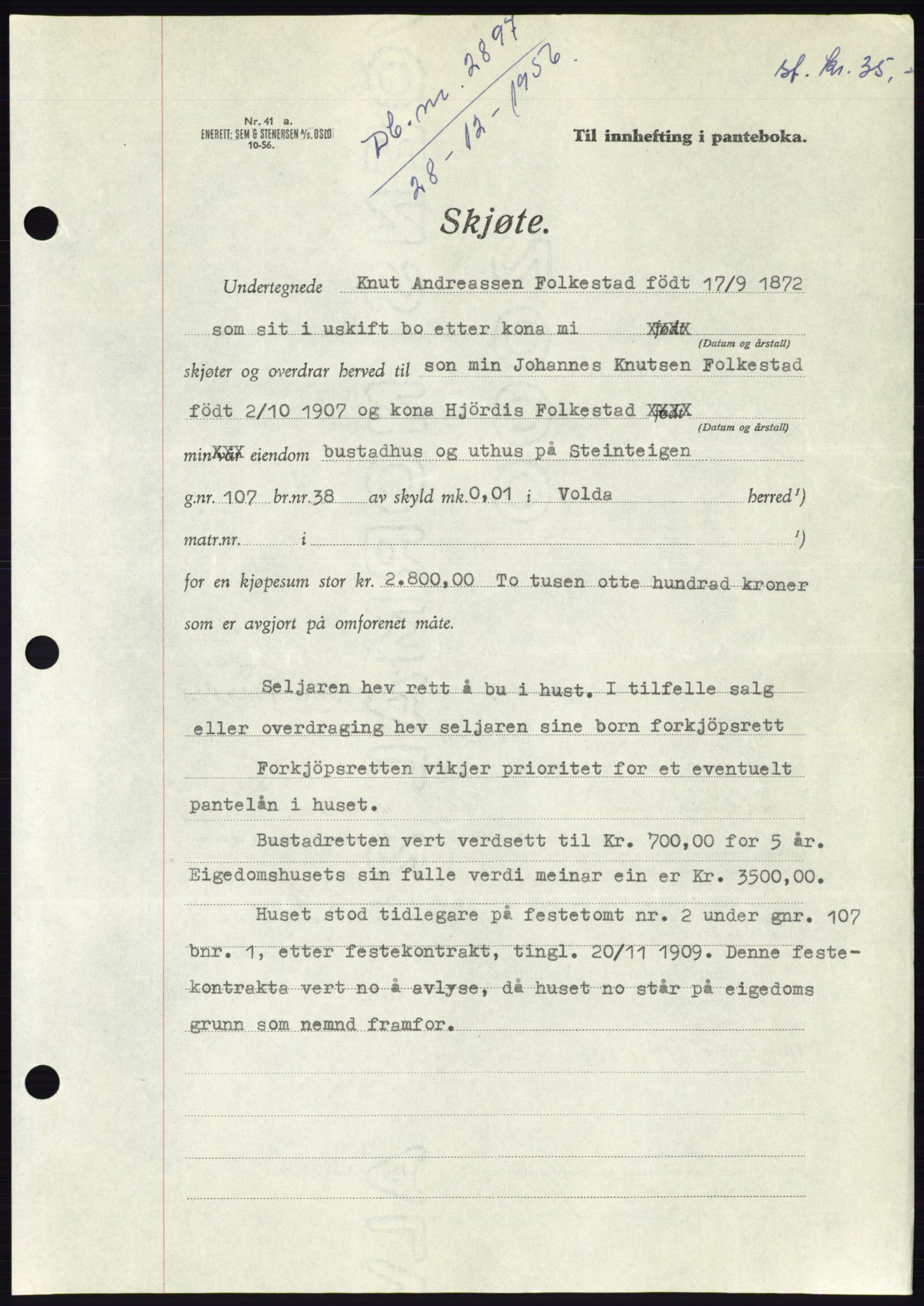 Søre Sunnmøre sorenskriveri, AV/SAT-A-4122/1/2/2C/L0105: Mortgage book no. 31A, 1956-1957, Diary no: : 2897/1956