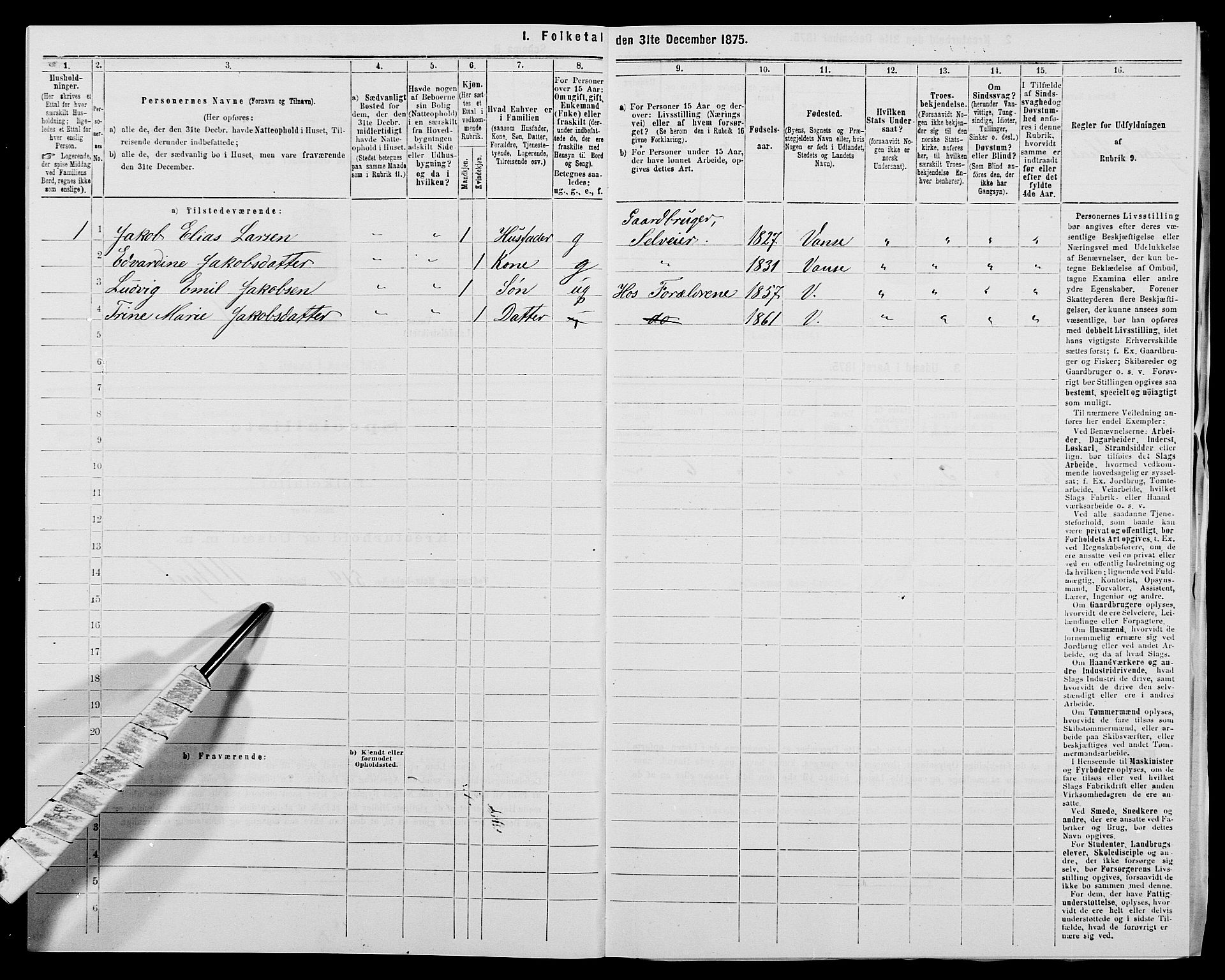 SAK, 1875 census for 1041L Vanse/Vanse og Farsund, 1875, p. 1995