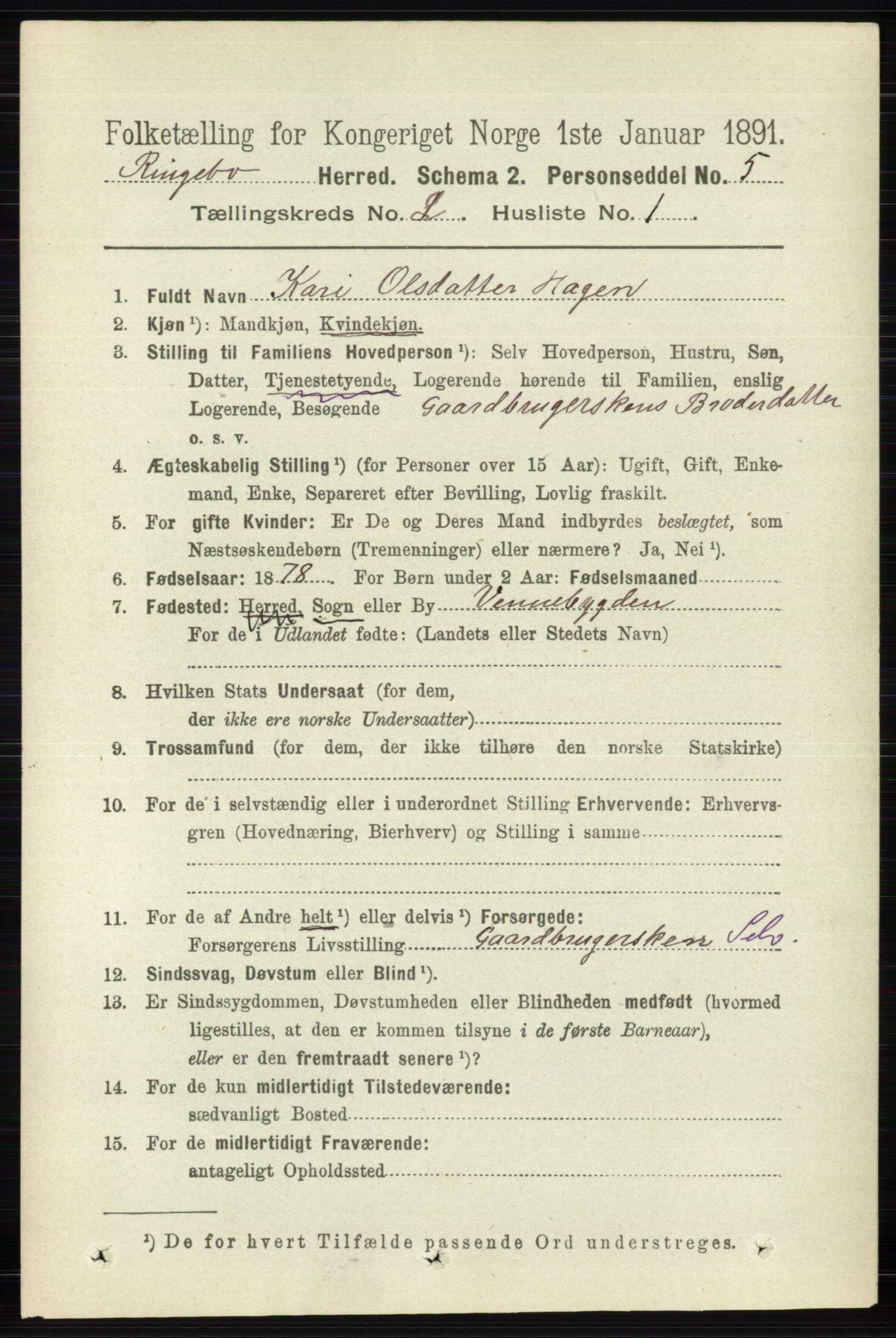 RA, 1891 census for 0520 Ringebu, 1891, p. 394