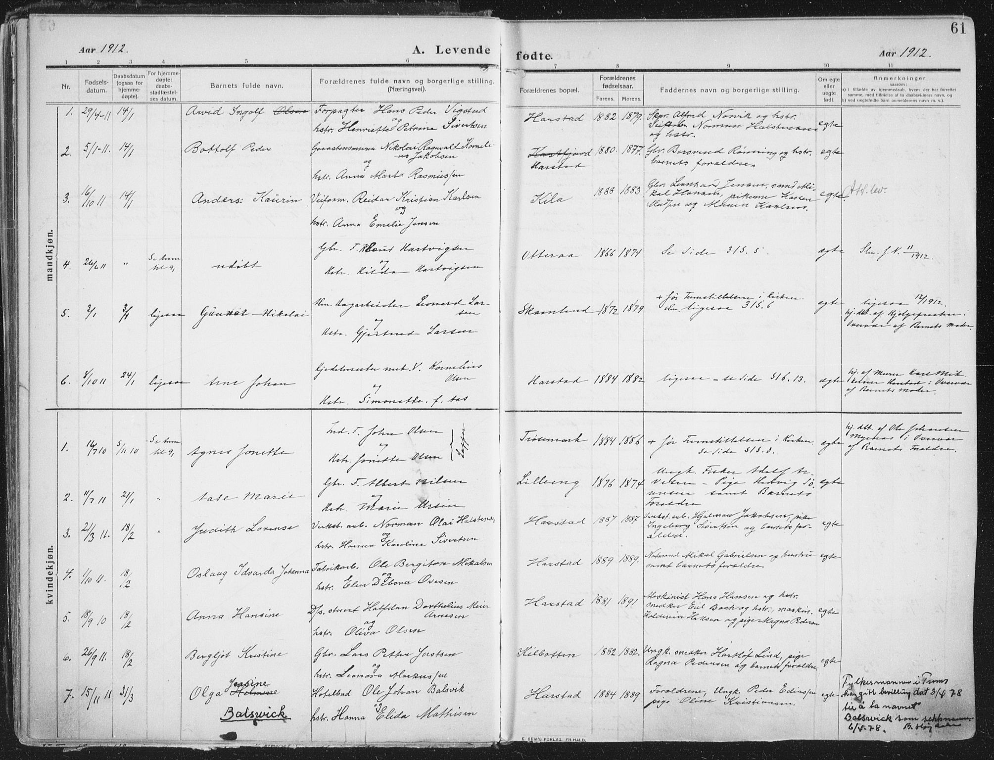 Trondenes sokneprestkontor, AV/SATØ-S-1319/H/Ha/L0018kirke: Parish register (official) no. 18, 1909-1918, p. 61