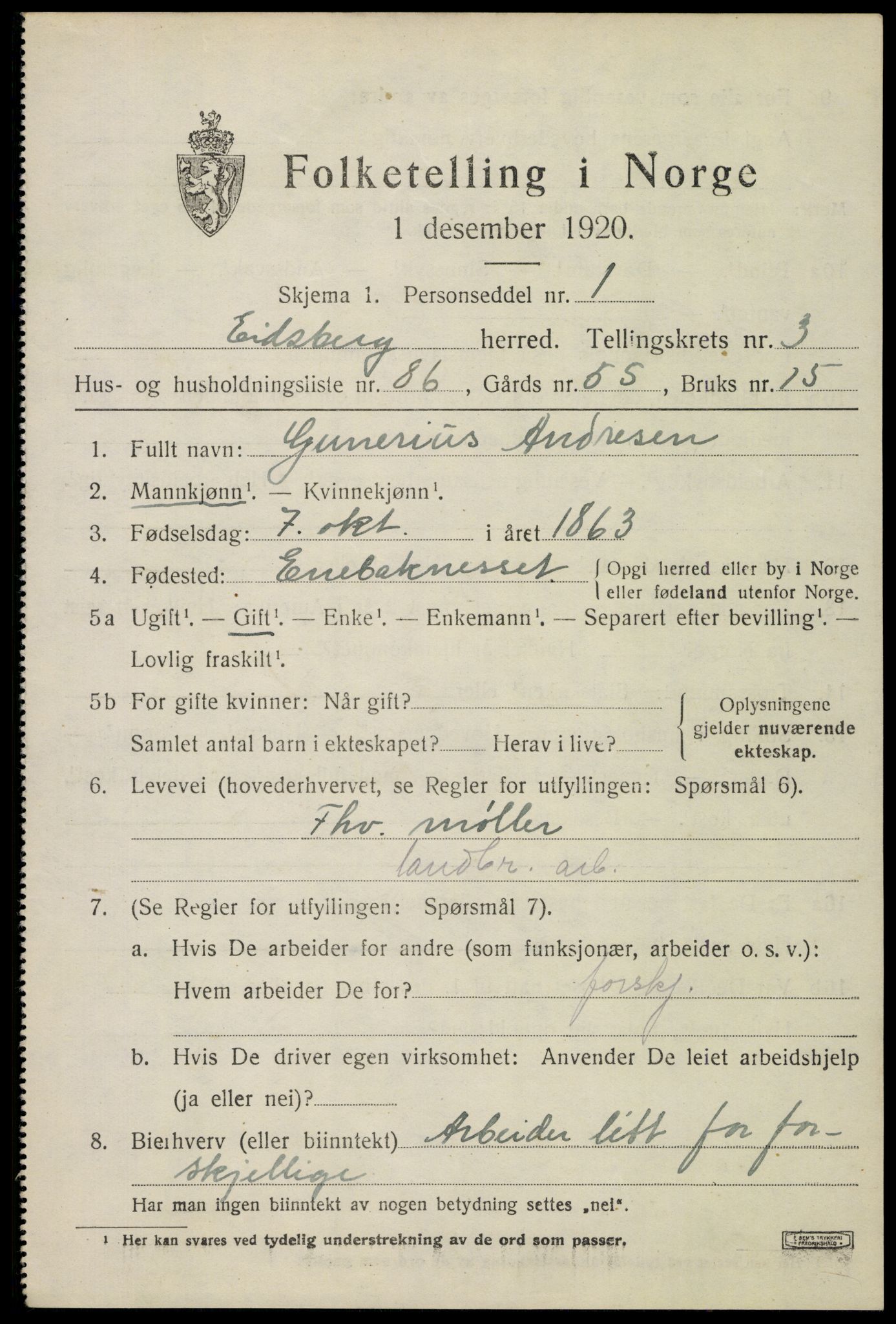 SAO, 1920 census for Eidsberg, 1920, p. 4973