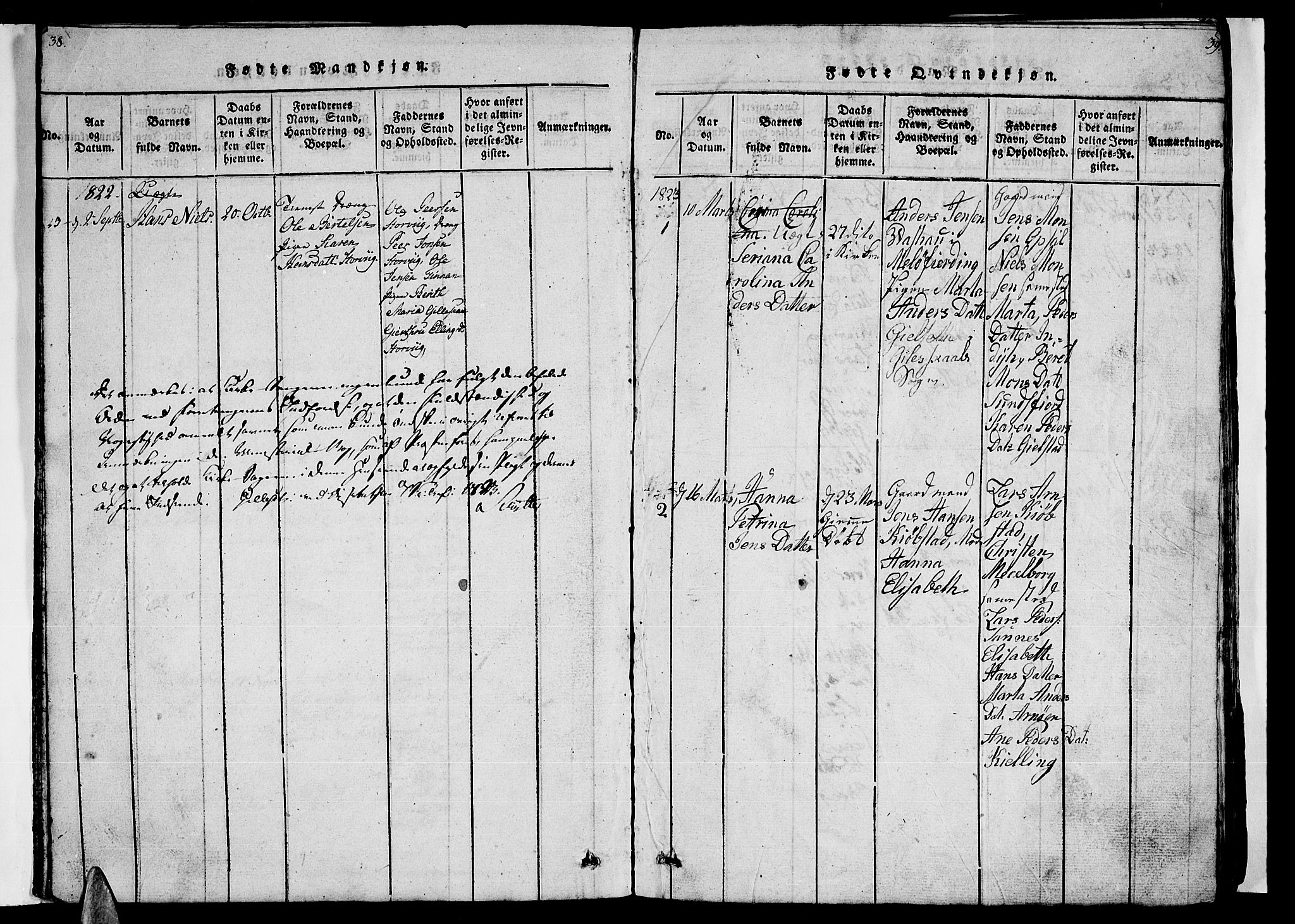 Ministerialprotokoller, klokkerbøker og fødselsregistre - Nordland, AV/SAT-A-1459/805/L0105: Parish register (copy) no. 805C01, 1820-1839, p. 38-39