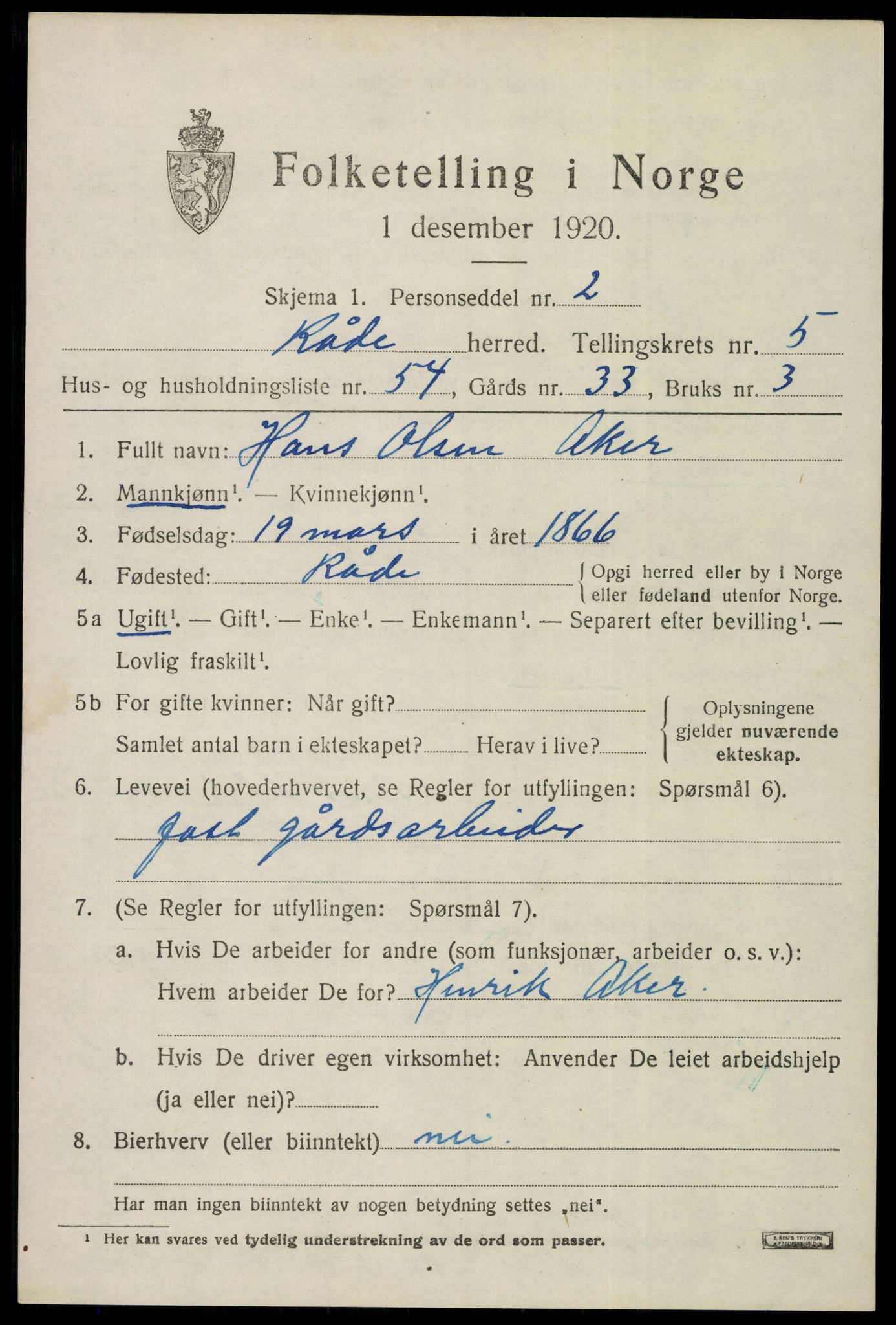 SAO, 1920 census for Råde, 1920, p. 5483