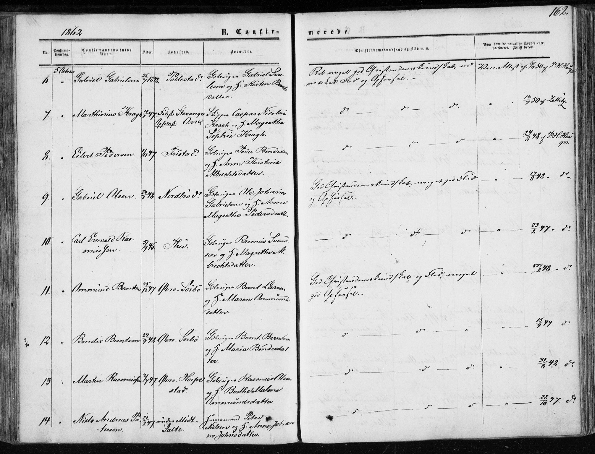 Klepp sokneprestkontor, AV/SAST-A-101803/001/3/30BA/L0005: Parish register (official) no. A 5, 1853-1870, p. 162