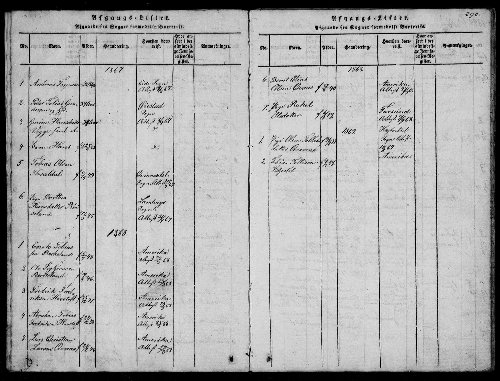 Lyngdal sokneprestkontor, AV/SAK-1111-0029/F/Fb/Fbb/L0001: Parish register (copy) no. B 1, 1816-1900, p. 290