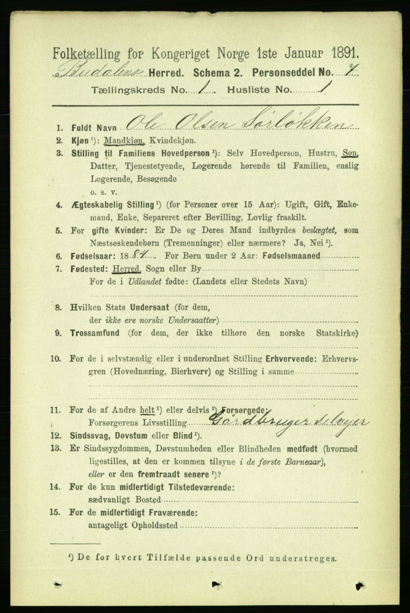 RA, 1891 census for 1647 Budal, 1891, p. 67