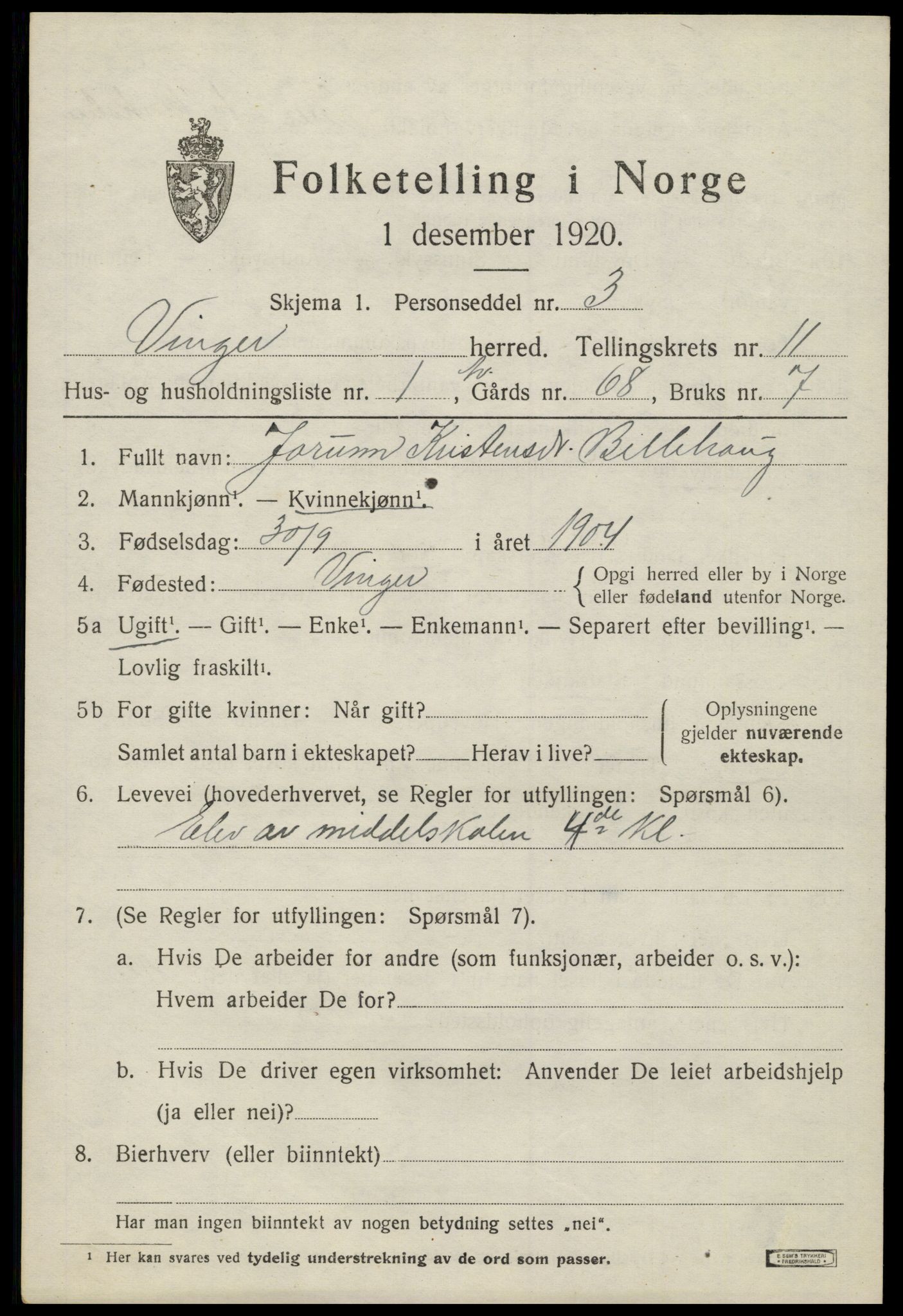 SAH, 1920 census for Vinger, 1920, p. 8922