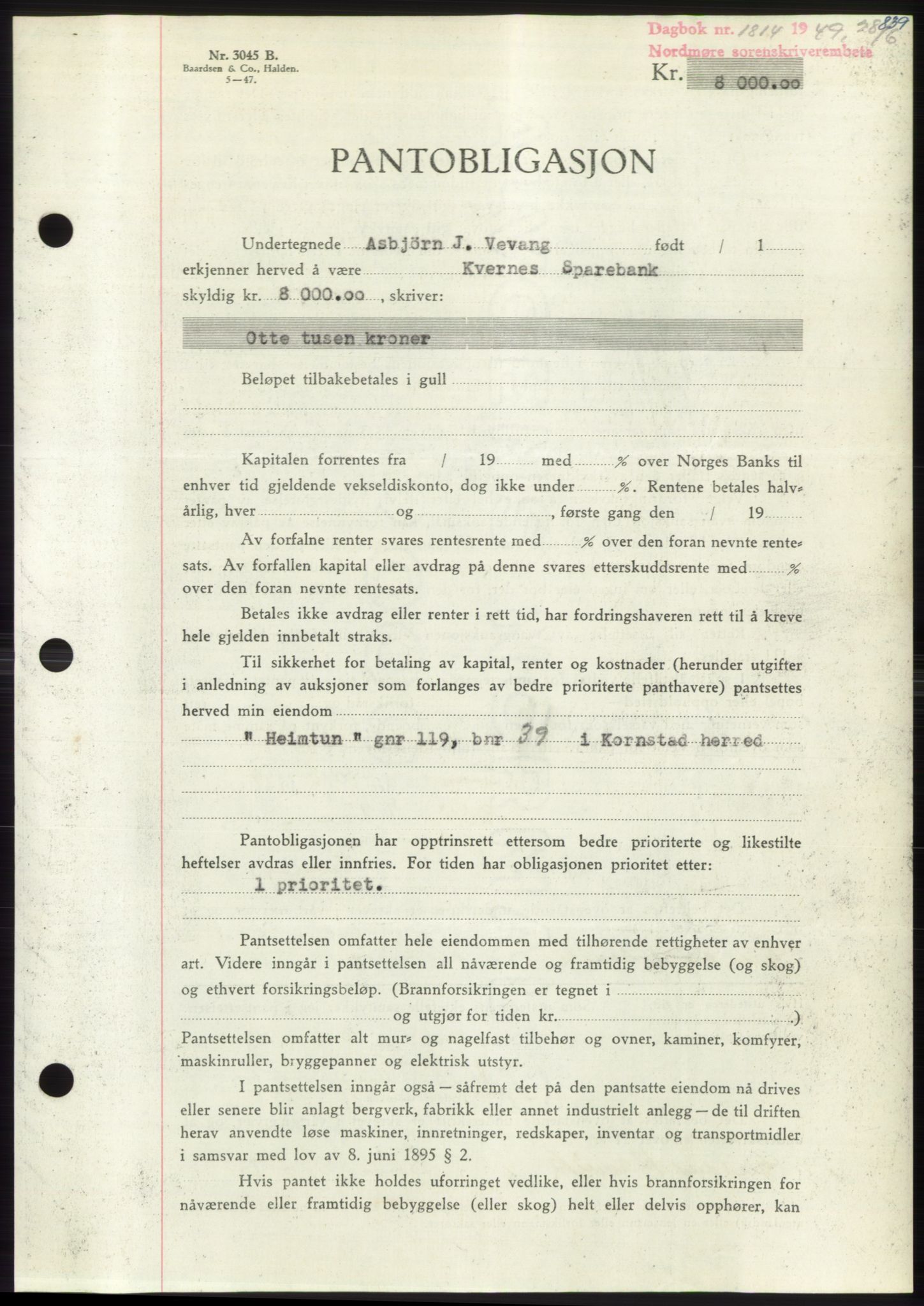 Nordmøre sorenskriveri, AV/SAT-A-4132/1/2/2Ca: Mortgage book no. B101, 1949-1949, Diary no: : 1814/1949