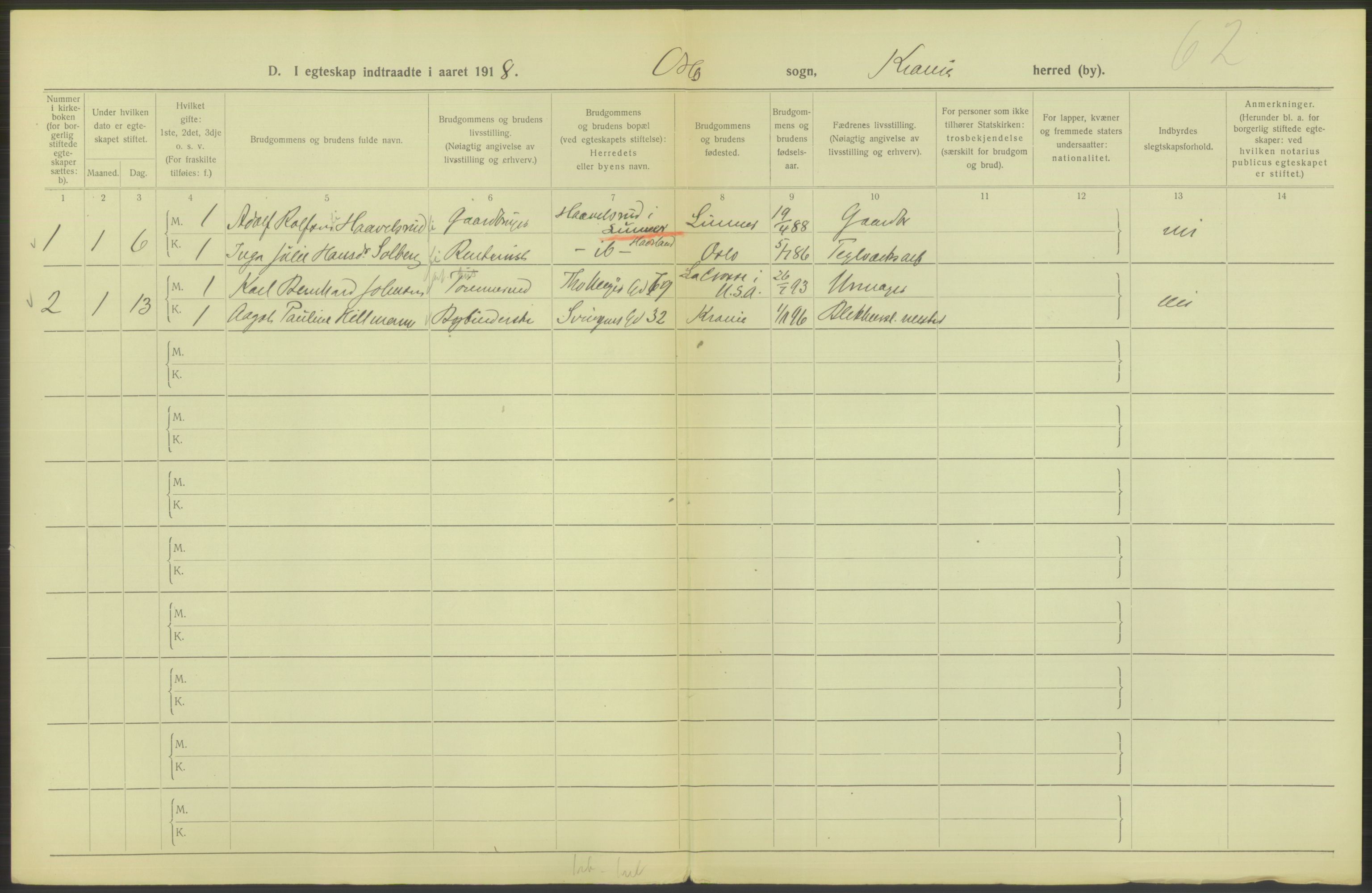 Statistisk sentralbyrå, Sosiodemografiske emner, Befolkning, AV/RA-S-2228/D/Df/Dfb/Dfbh/L0009: Kristiania: Gifte, 1918, p. 960