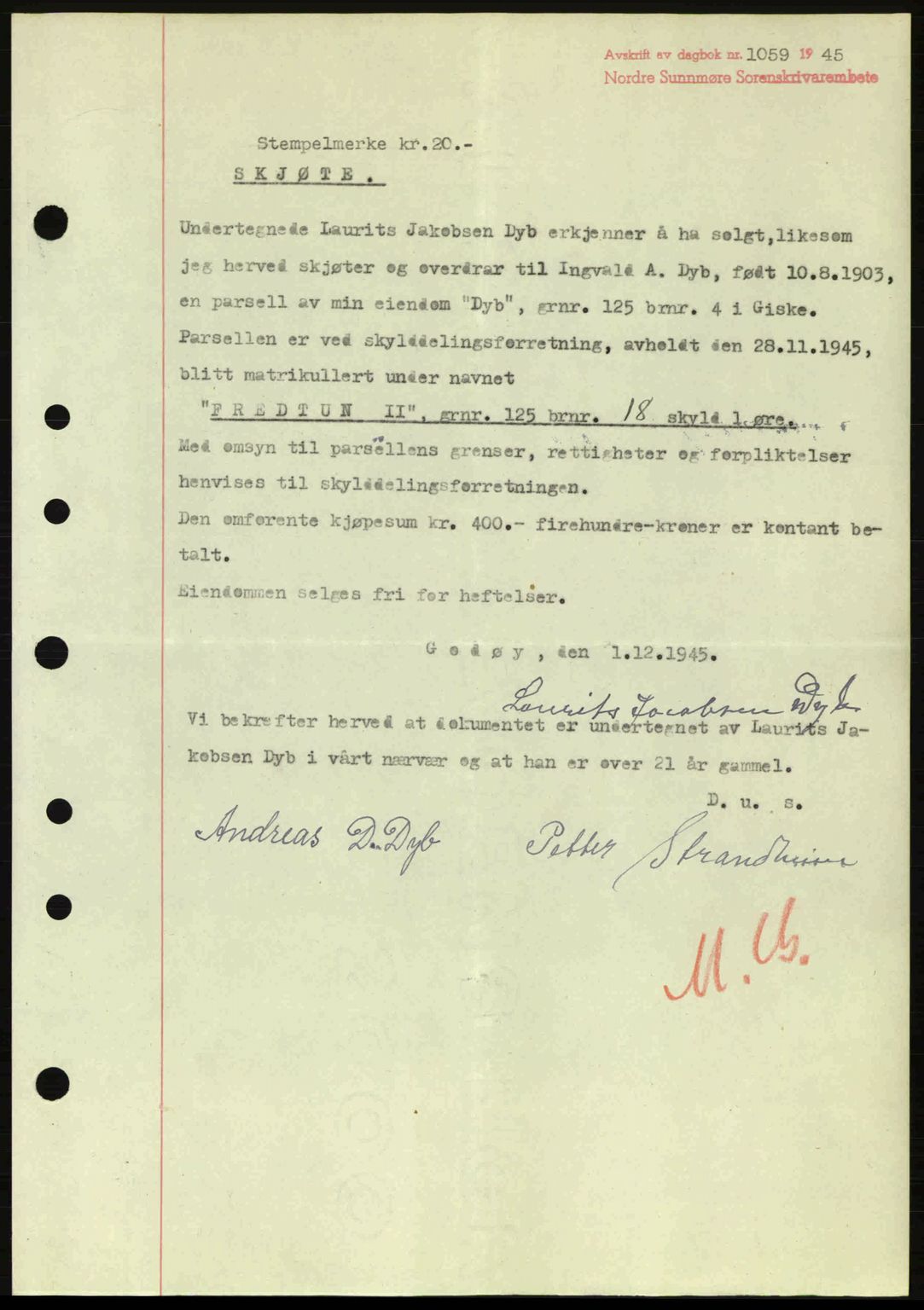 Nordre Sunnmøre sorenskriveri, AV/SAT-A-0006/1/2/2C/2Ca: Mortgage book no. A20a, 1945-1945, Diary no: : 1059/1945