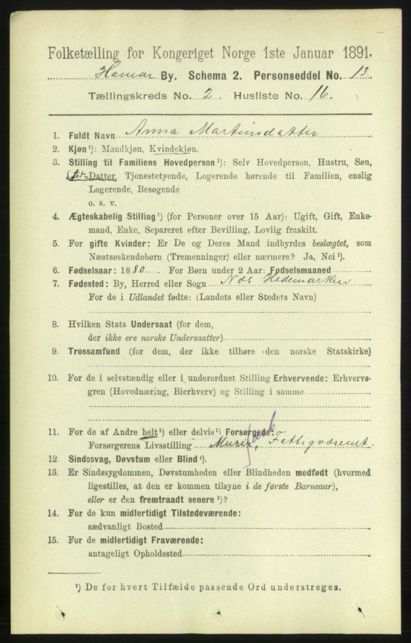 RA, 1891 census for 0401 Hamar, 1891, p. 1210