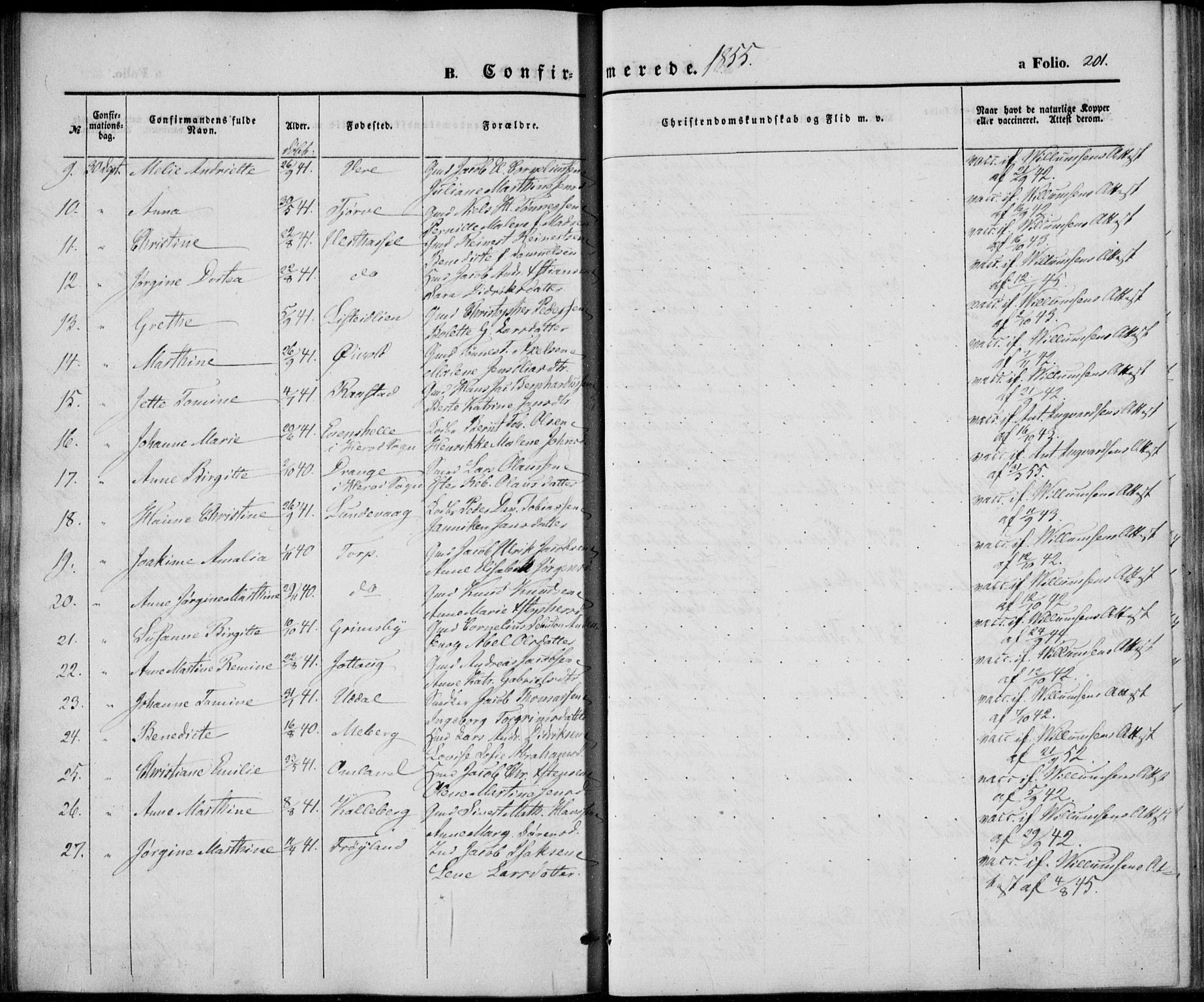 Lista sokneprestkontor, AV/SAK-1111-0027/F/Fb/L0002: Parish register (copy) no. B 2, 1847-1862, p. 201