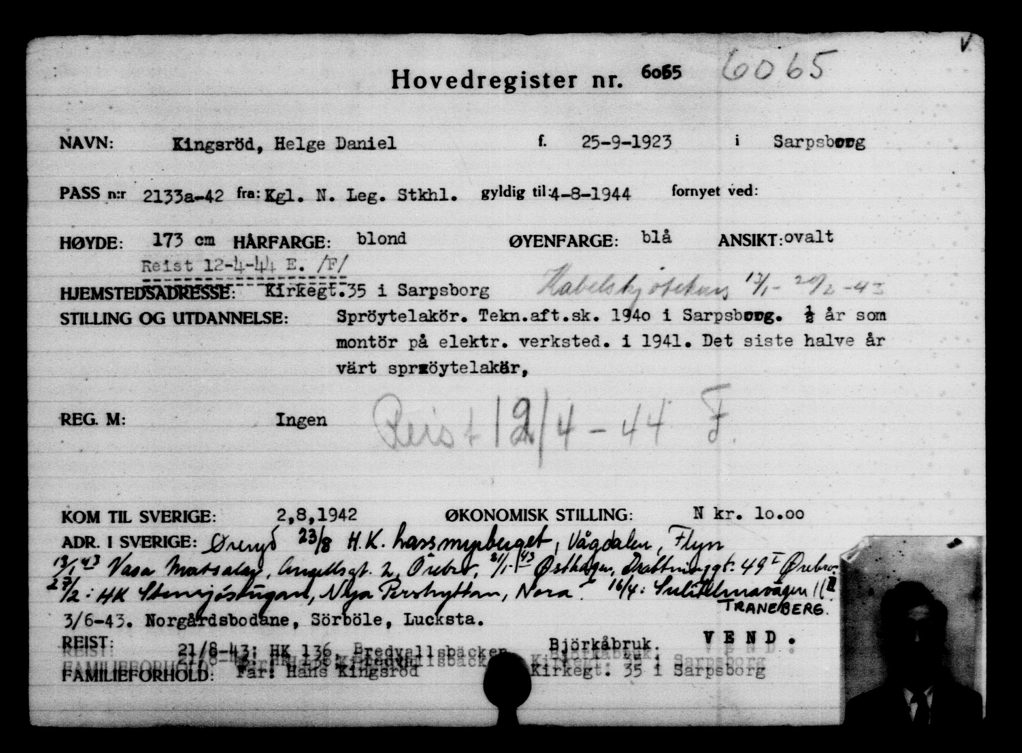 Utenriksstasjonene, Legasjonen i Stockholm, Flyktningkontoret, AV/RA-S-6753/V/Va/L0004: Kjesäterkartoteket, flyktninger med registreringsnr. 3496-6610, 1940-1945, p. 3007
