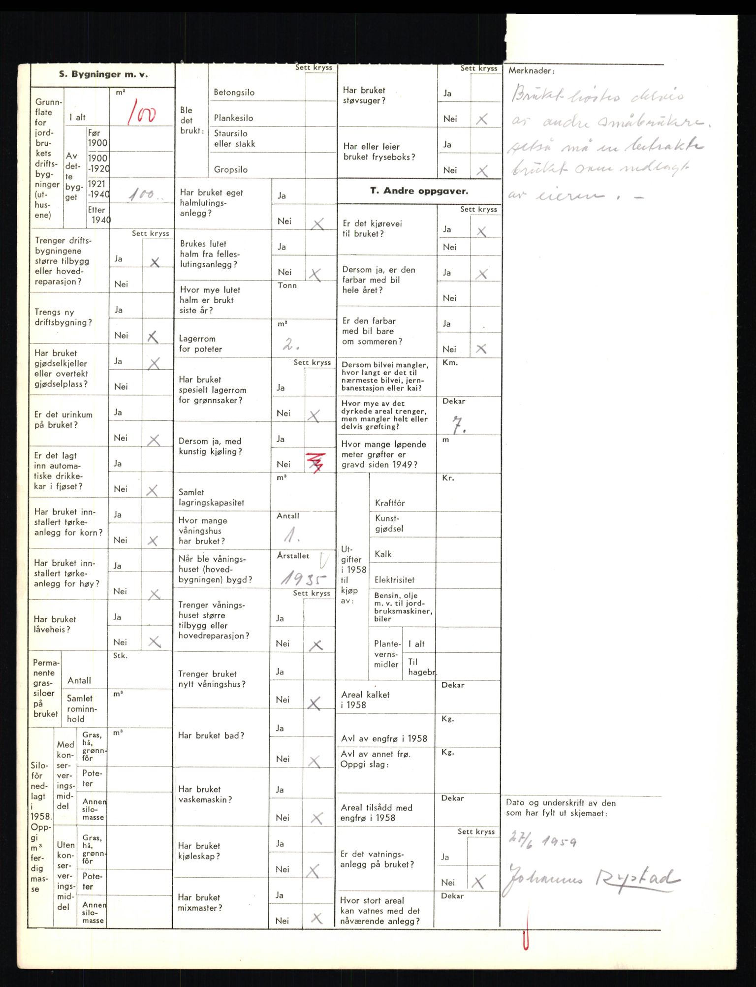 Statistisk sentralbyrå, Næringsøkonomiske emner, Jordbruk, skogbruk, jakt, fiske og fangst, AV/RA-S-2234/G/Gd/L0655: Troms: 1924 Målselv (kl. 4-10), 1959, p. 1196