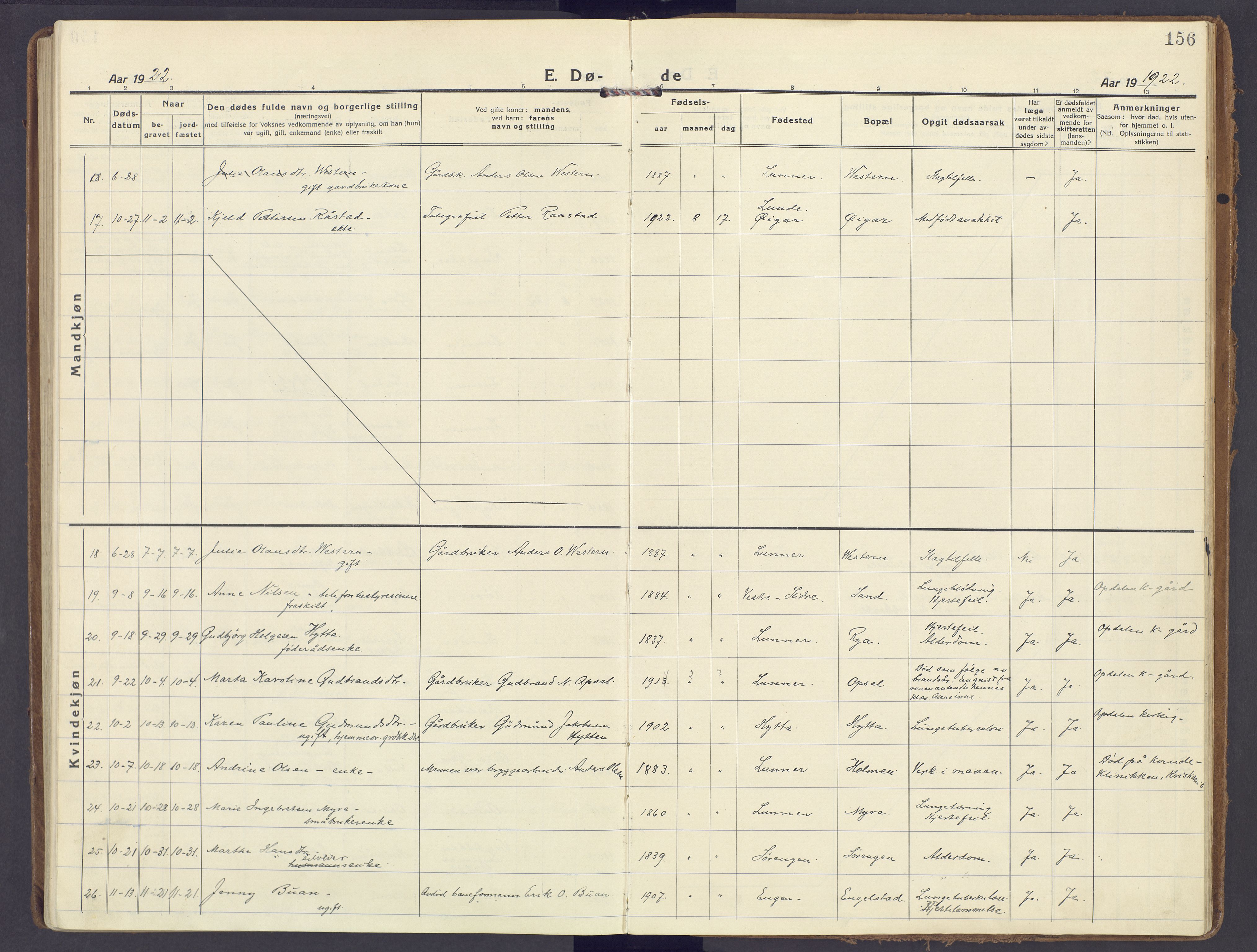 Lunner prestekontor, AV/SAH-PREST-118/H/Ha/Haa/L0002: Parish register (official) no. 2, 1922-1931, p. 156