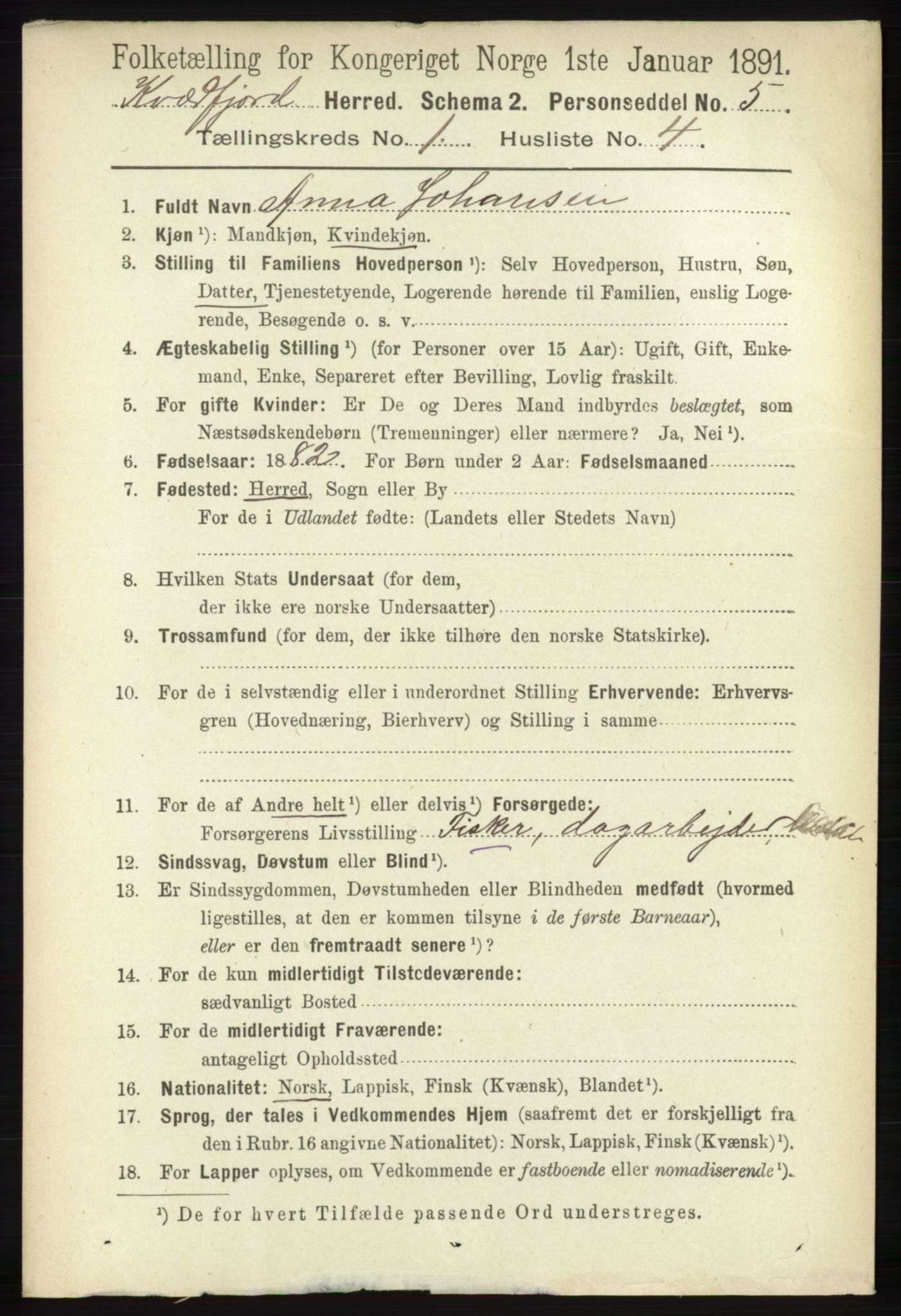 RA, 1891 census for 1911 Kvæfjord, 1891, p. 123