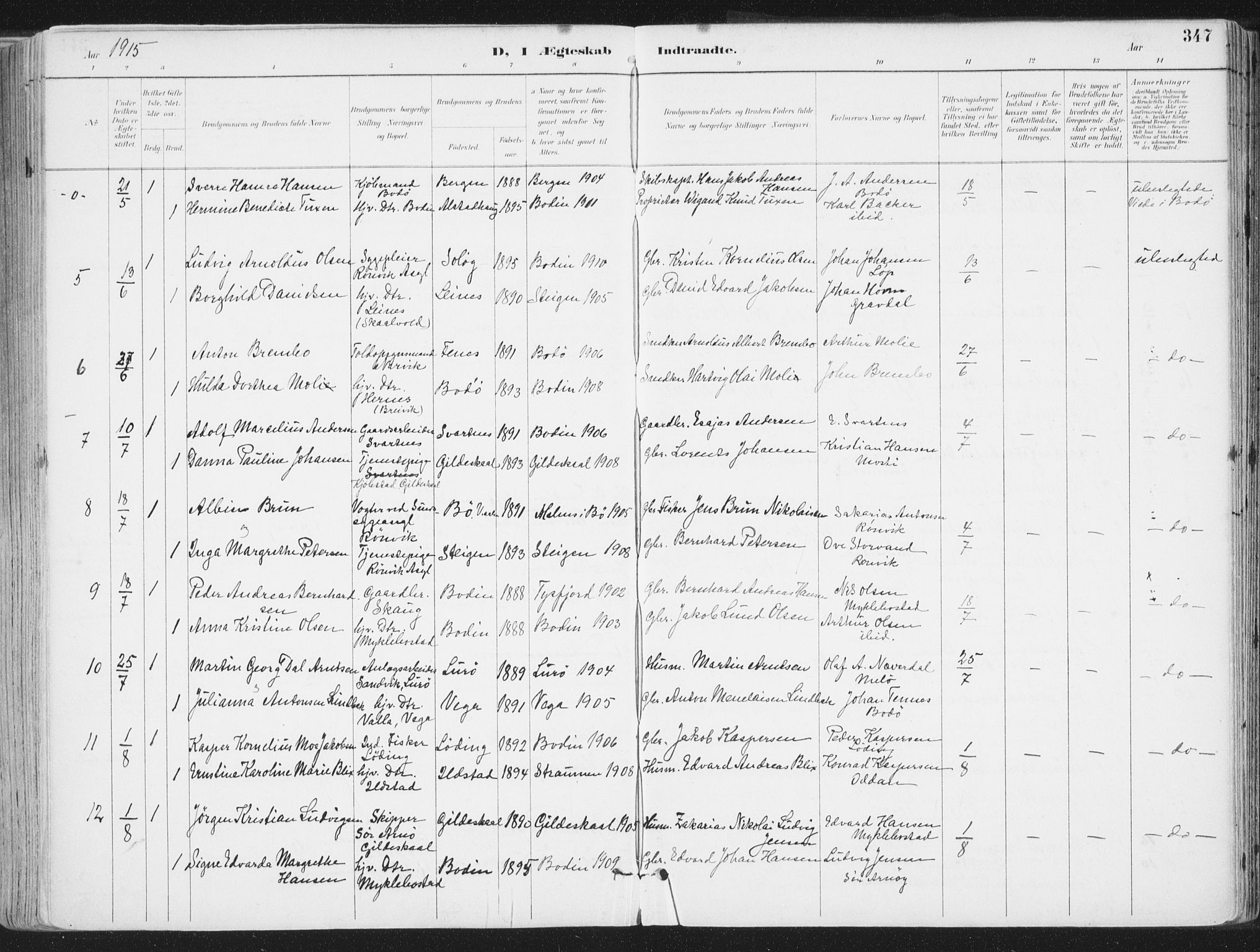 Ministerialprotokoller, klokkerbøker og fødselsregistre - Nordland, SAT/A-1459/802/L0055: Parish register (official) no. 802A02, 1894-1915, p. 347