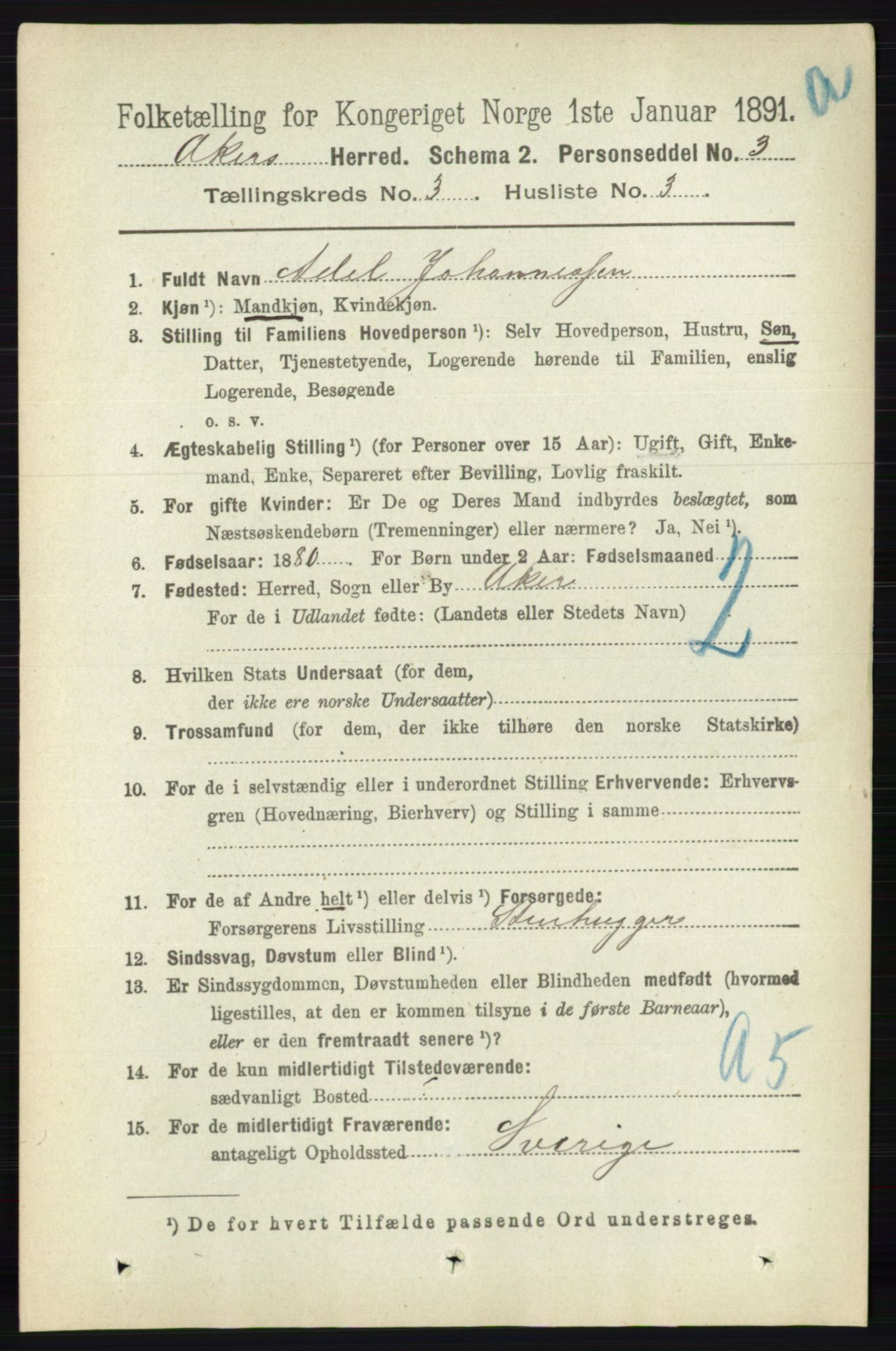 RA, 1891 census for 0218 Aker, 1891, p. 2937