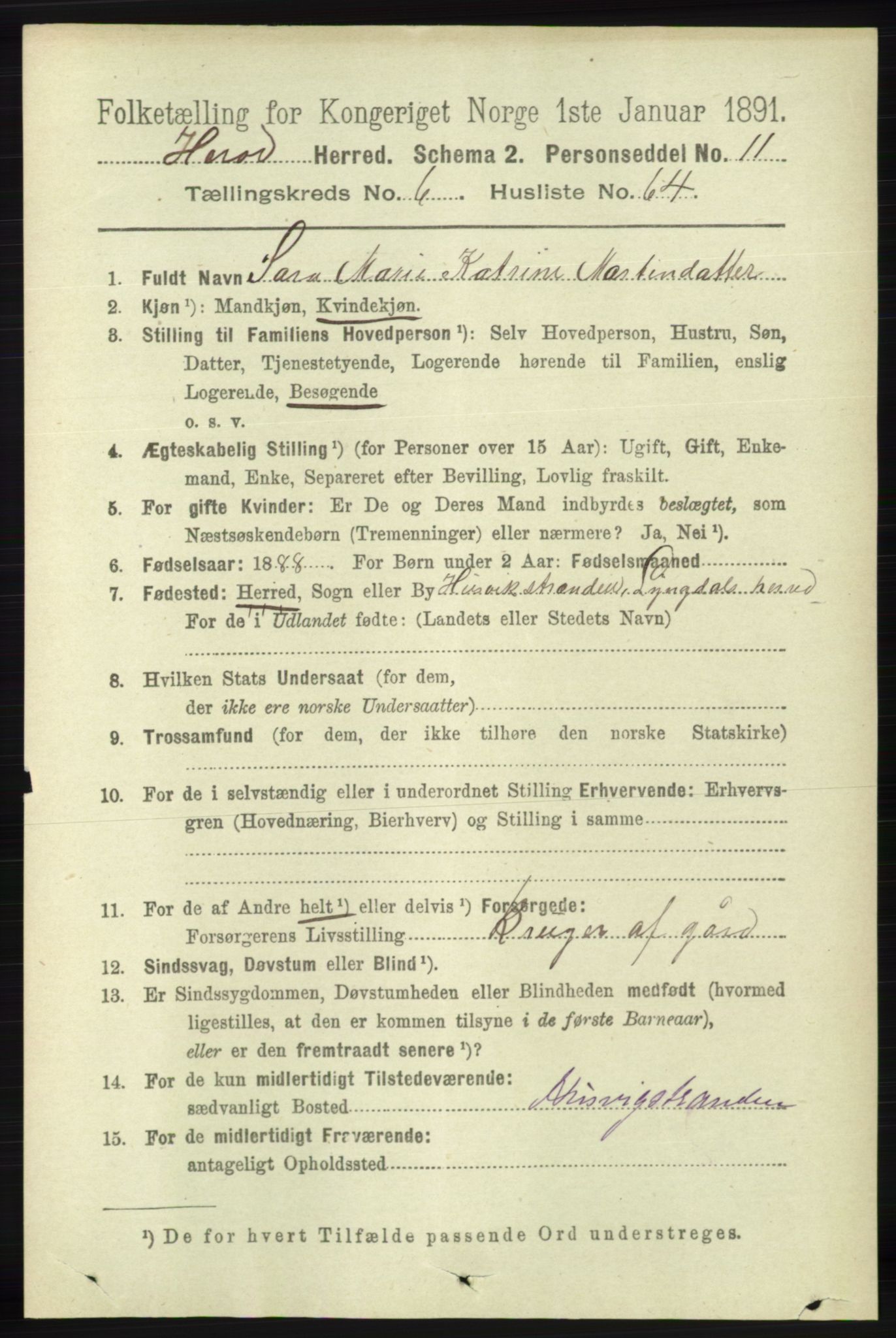 RA, 1891 census for 1039 Herad, 1891, p. 2705