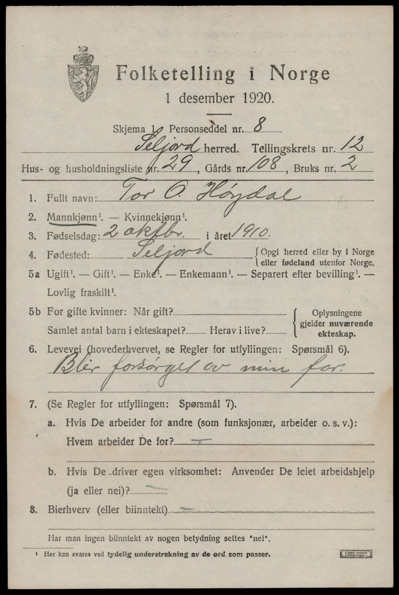 SAKO, 1920 census for Seljord, 1920, p. 5998