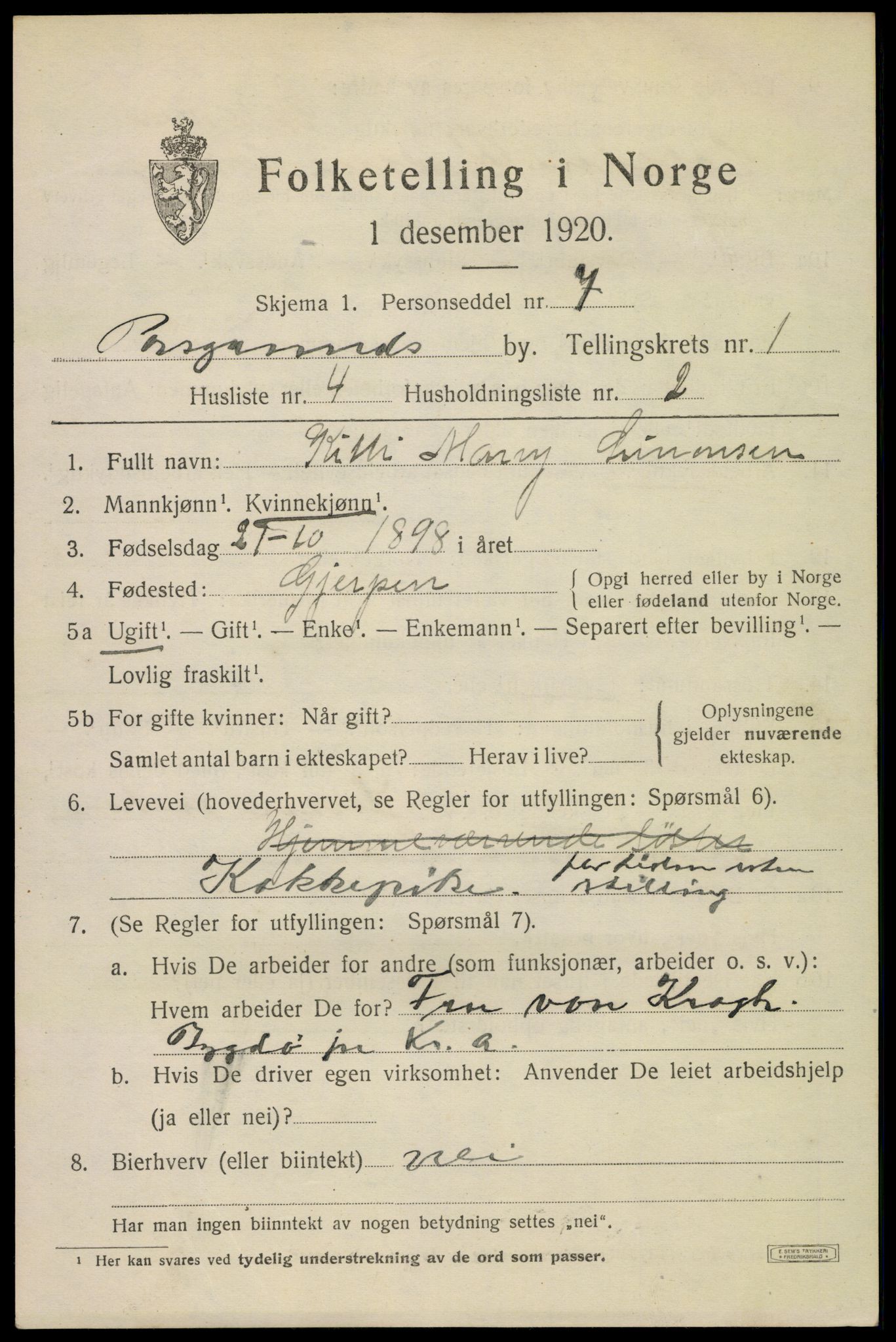 SAKO, 1920 census for Porsgrunn, 1920, p. 7151
