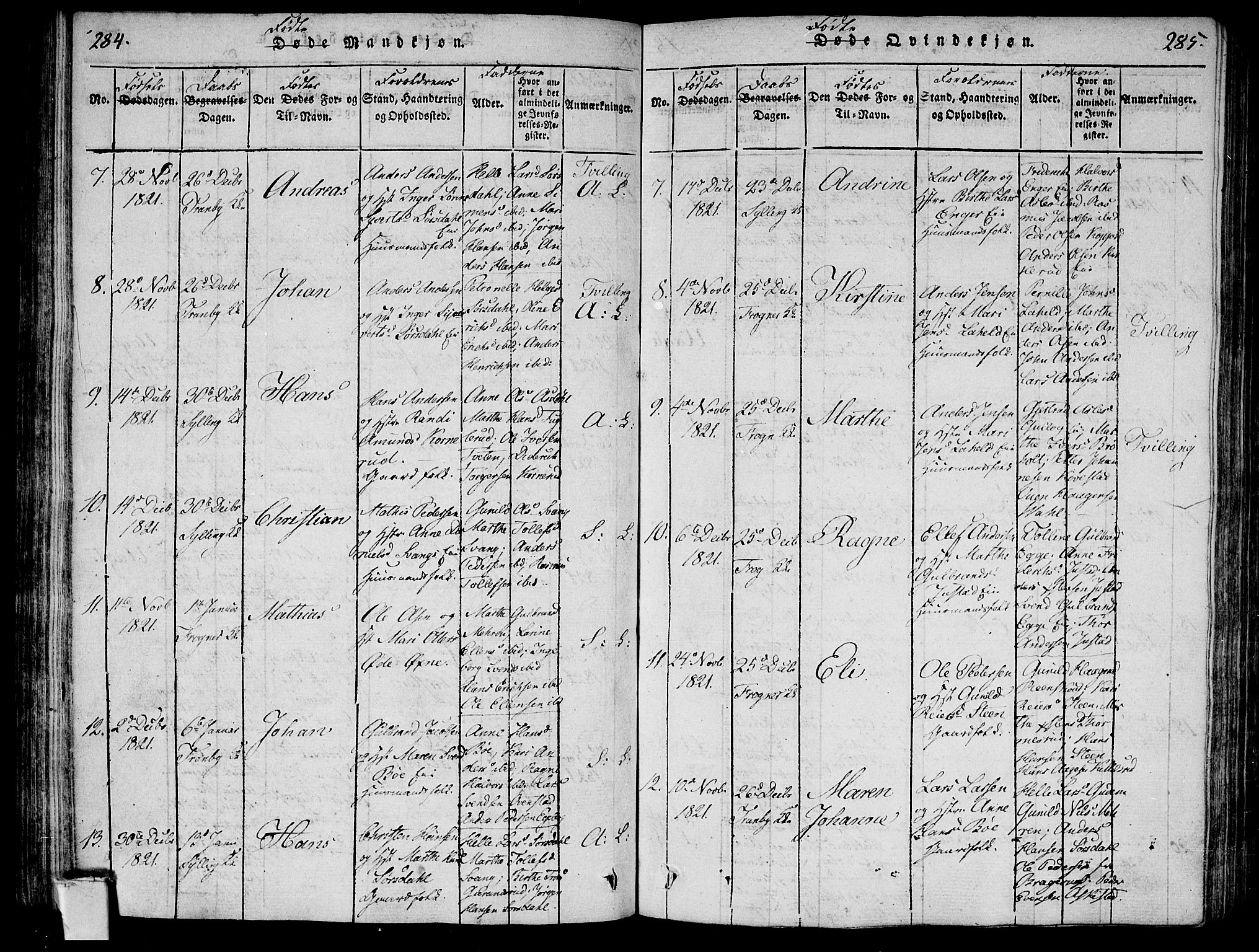 Lier kirkebøker, SAKO/A-230/F/Fa/L0008: Parish register (official) no. I 8, 1813-1825, p. 284-285
