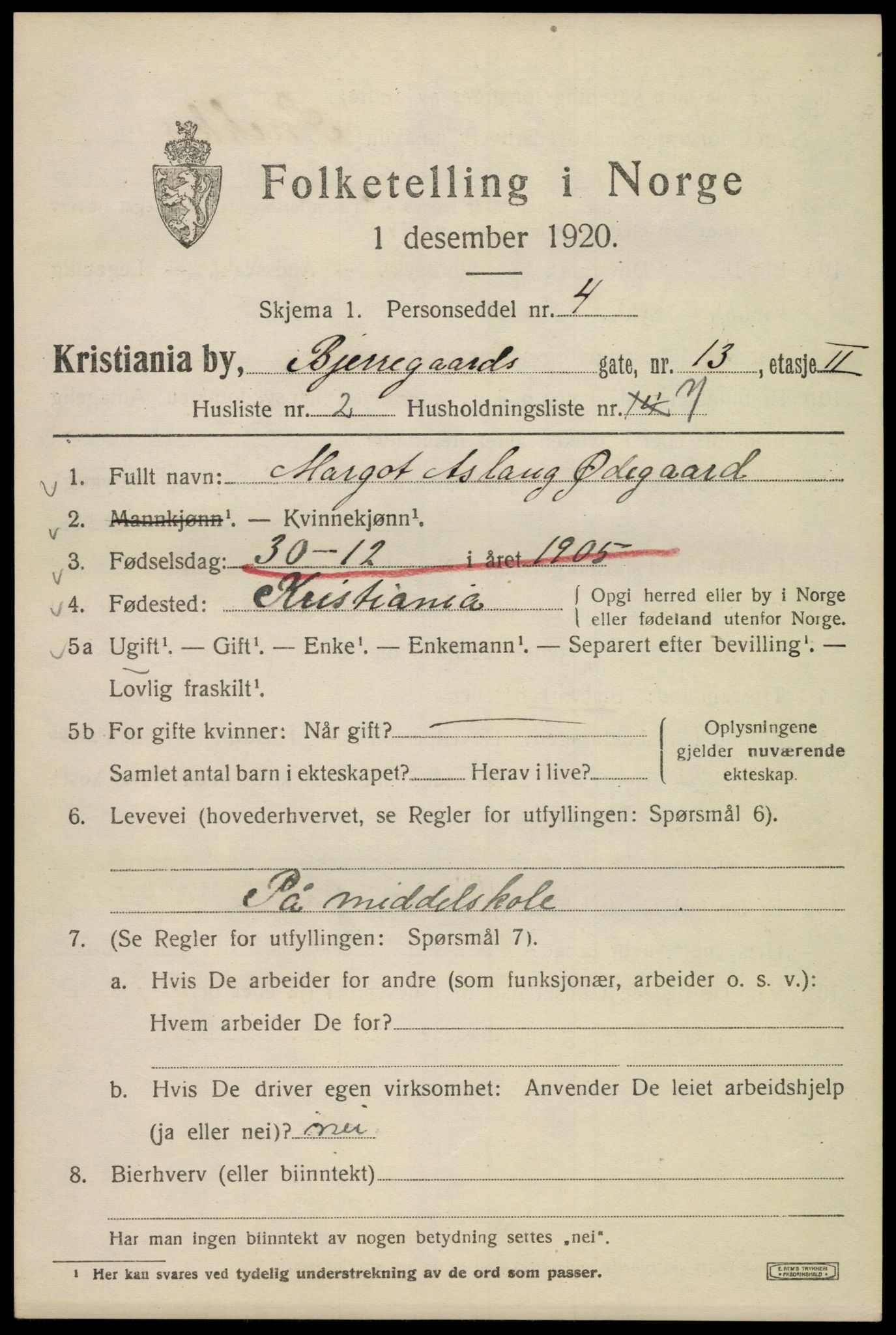 SAO, 1920 census for Kristiania, 1920, p. 159613