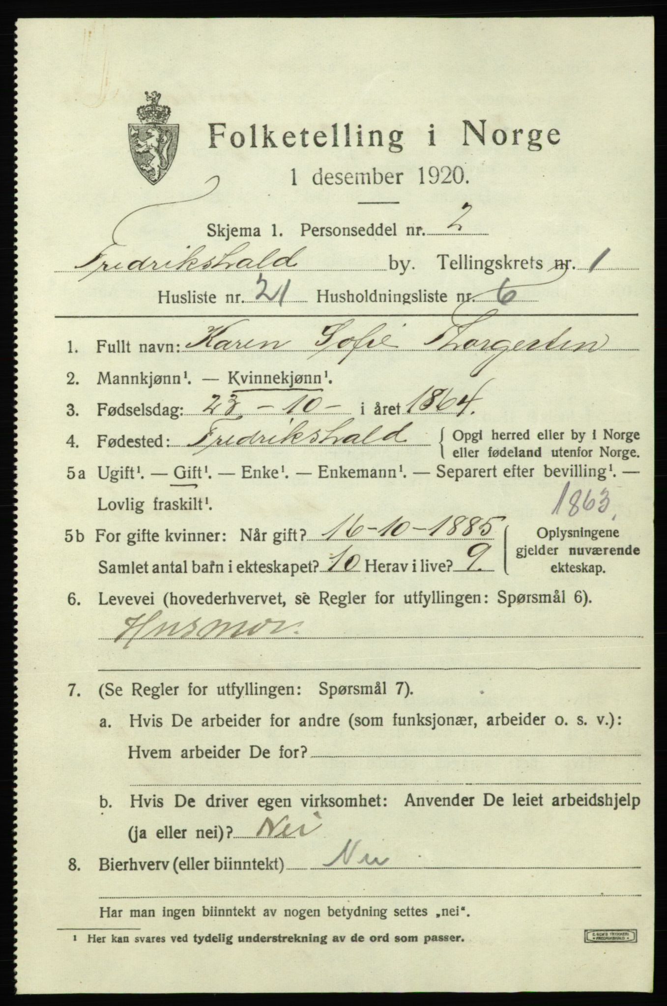 SAO, 1920 census for Fredrikshald, 1920, p. 8420