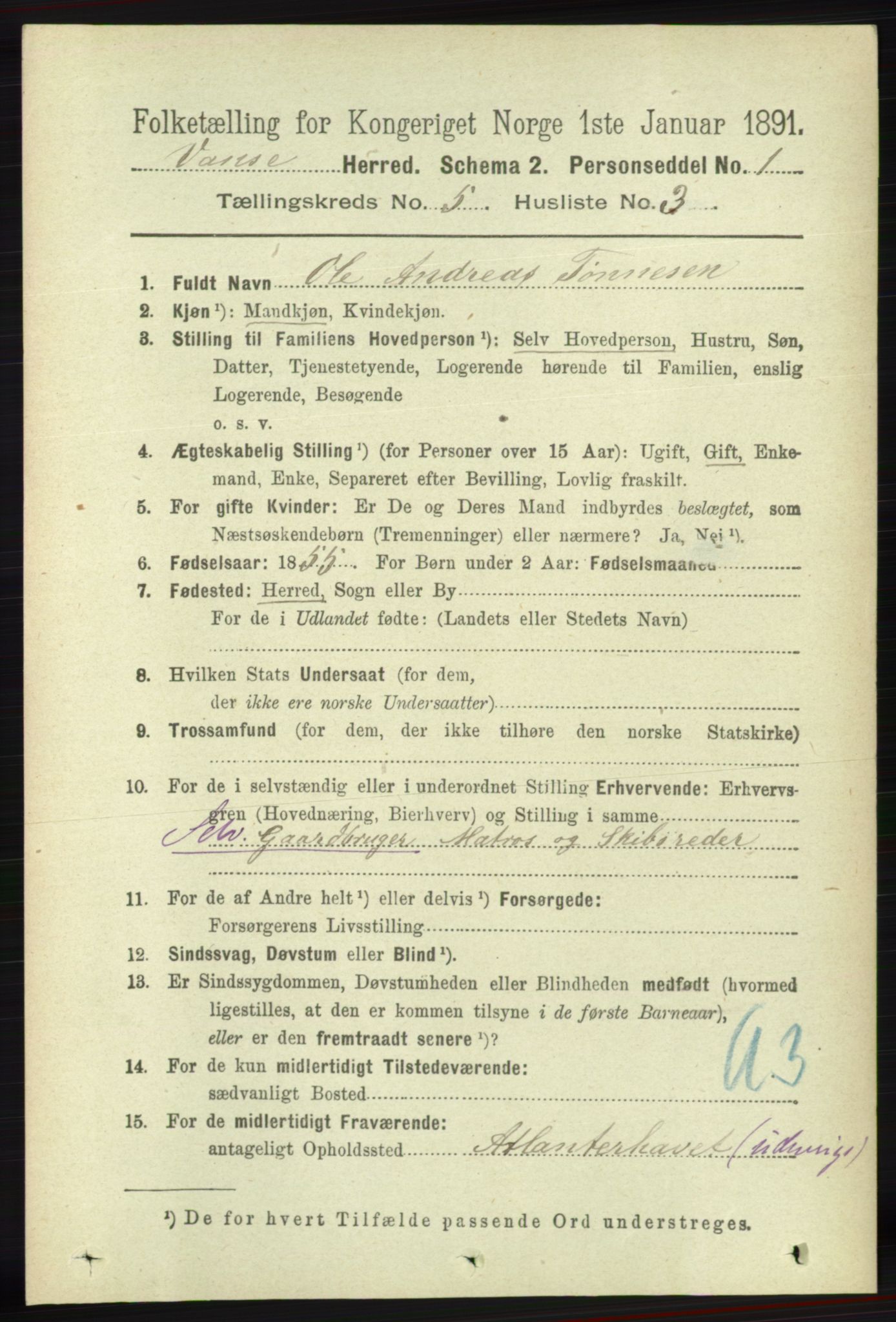 RA, 1891 census for 1041 Vanse, 1891, p. 2807