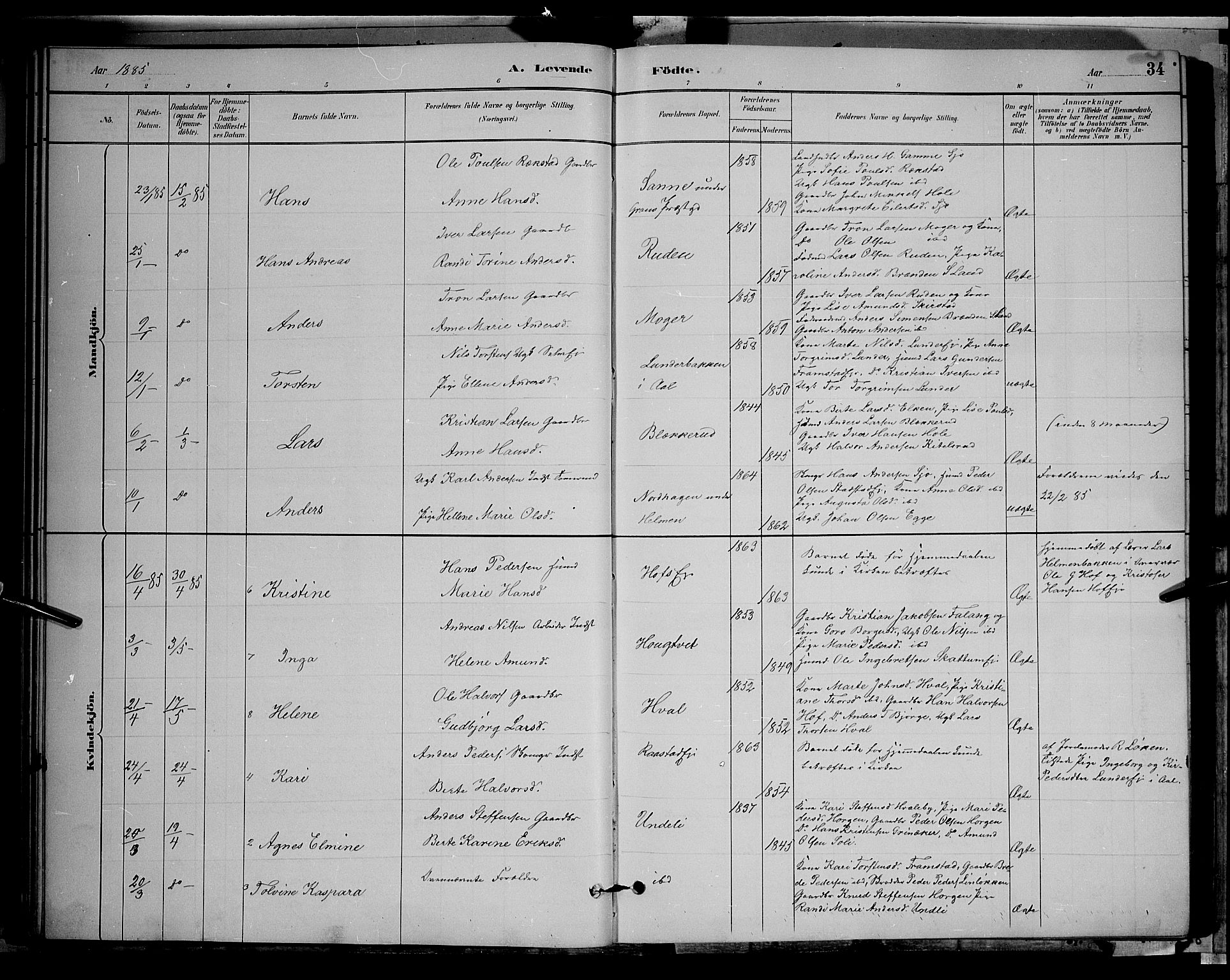 Gran prestekontor, SAH/PREST-112/H/Ha/Hab/L0002: Parish register (copy) no. 2, 1879-1892, p. 34