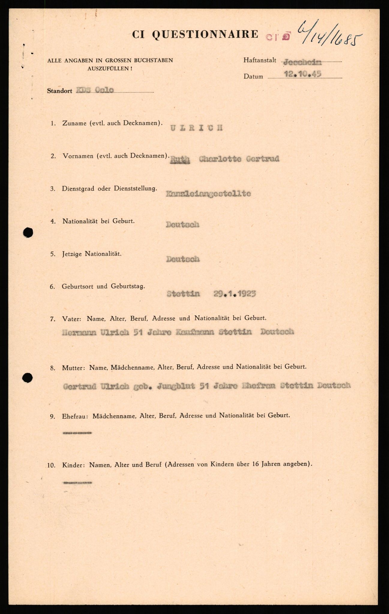 Forsvaret, Forsvarets overkommando II, AV/RA-RAFA-3915/D/Db/L0034: CI Questionaires. Tyske okkupasjonsstyrker i Norge. Tyskere., 1945-1946, p. 175