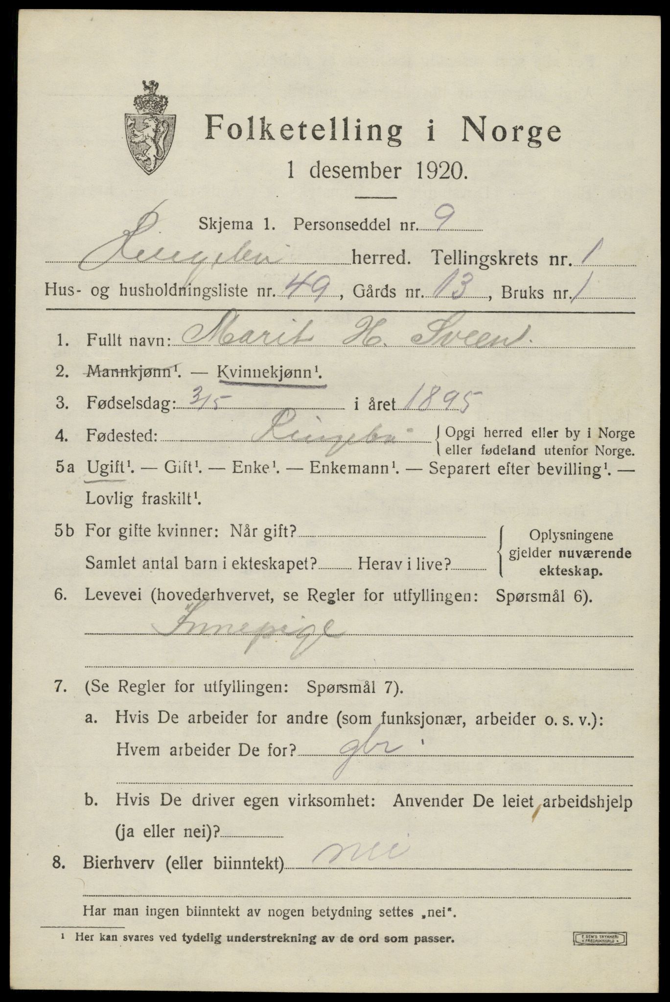 SAH, 1920 census for Ringebu, 1920, p. 2123