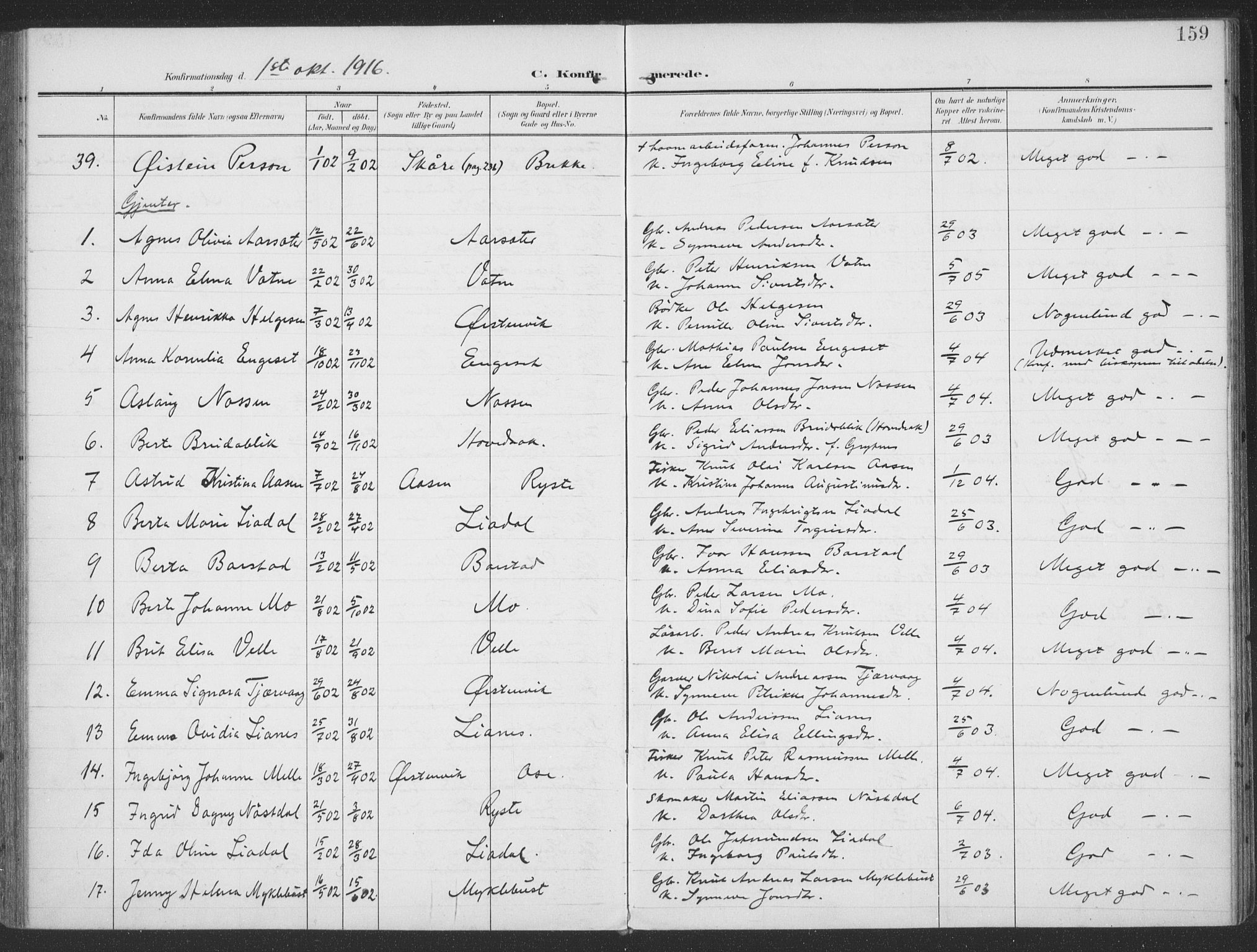 Ministerialprotokoller, klokkerbøker og fødselsregistre - Møre og Romsdal, SAT/A-1454/513/L0178: Parish register (official) no. 513A05, 1906-1919, p. 159