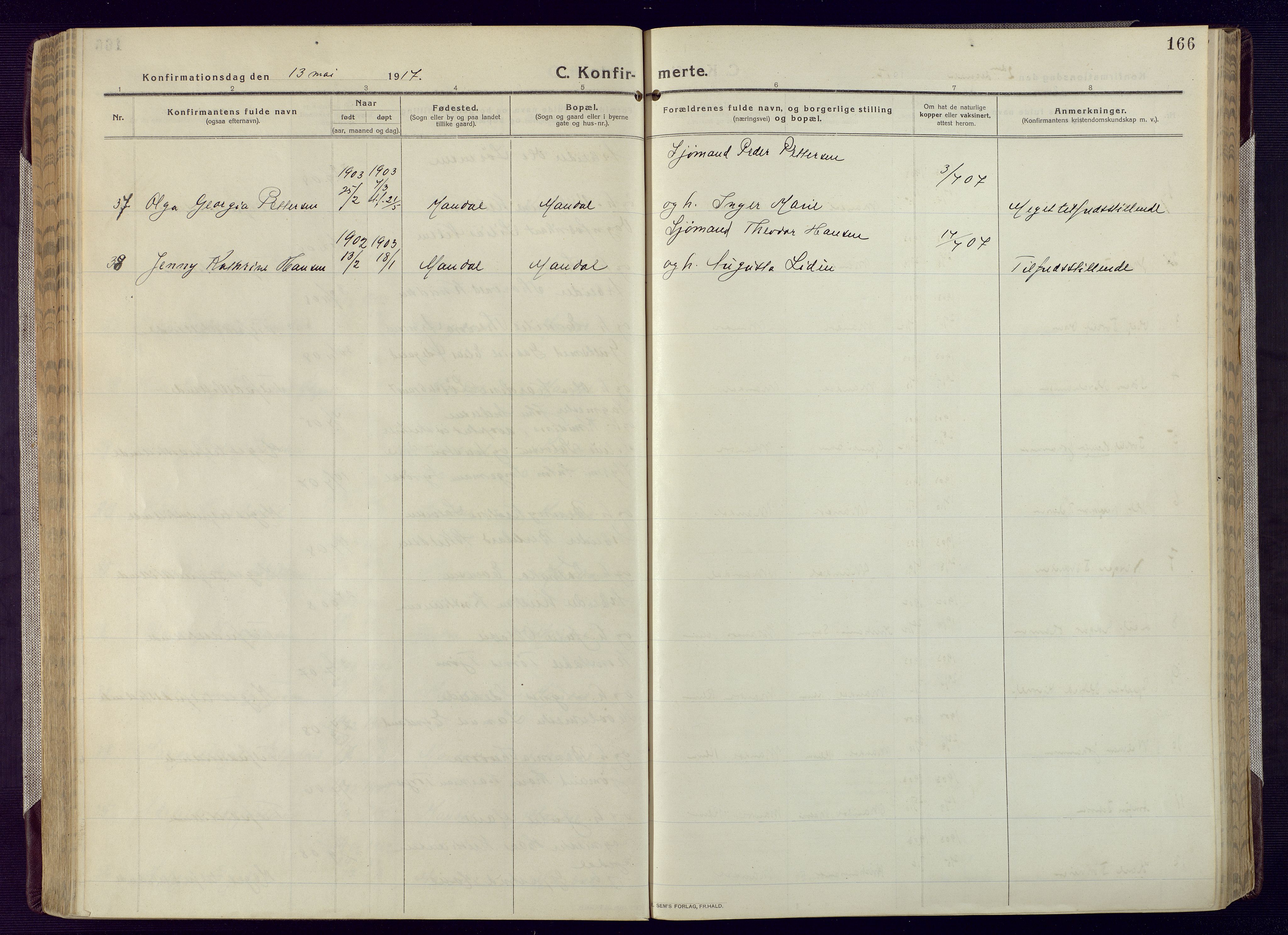 Mandal sokneprestkontor, AV/SAK-1111-0030/F/Fa/Fac/L0001: Parish register (official) no. A 1, 1913-1925, p. 166